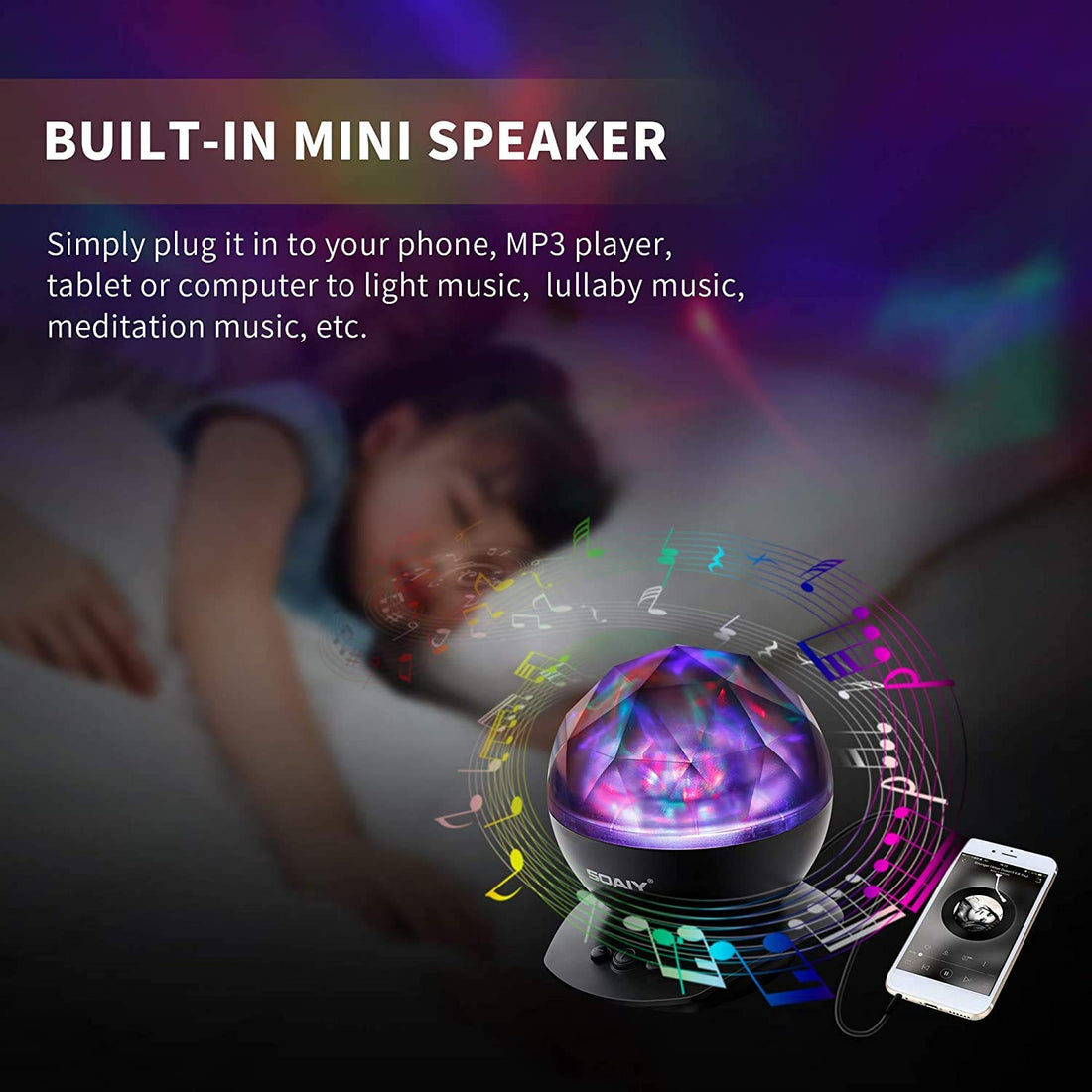 Aurora Northern Light Projection LED Night Light Lamp with 8 Lighting Mode & Speaker, Relaxing Light Show for Baby Kids and Adults, Mood Light for Baby Nursery Bedroom Living Room (Black)