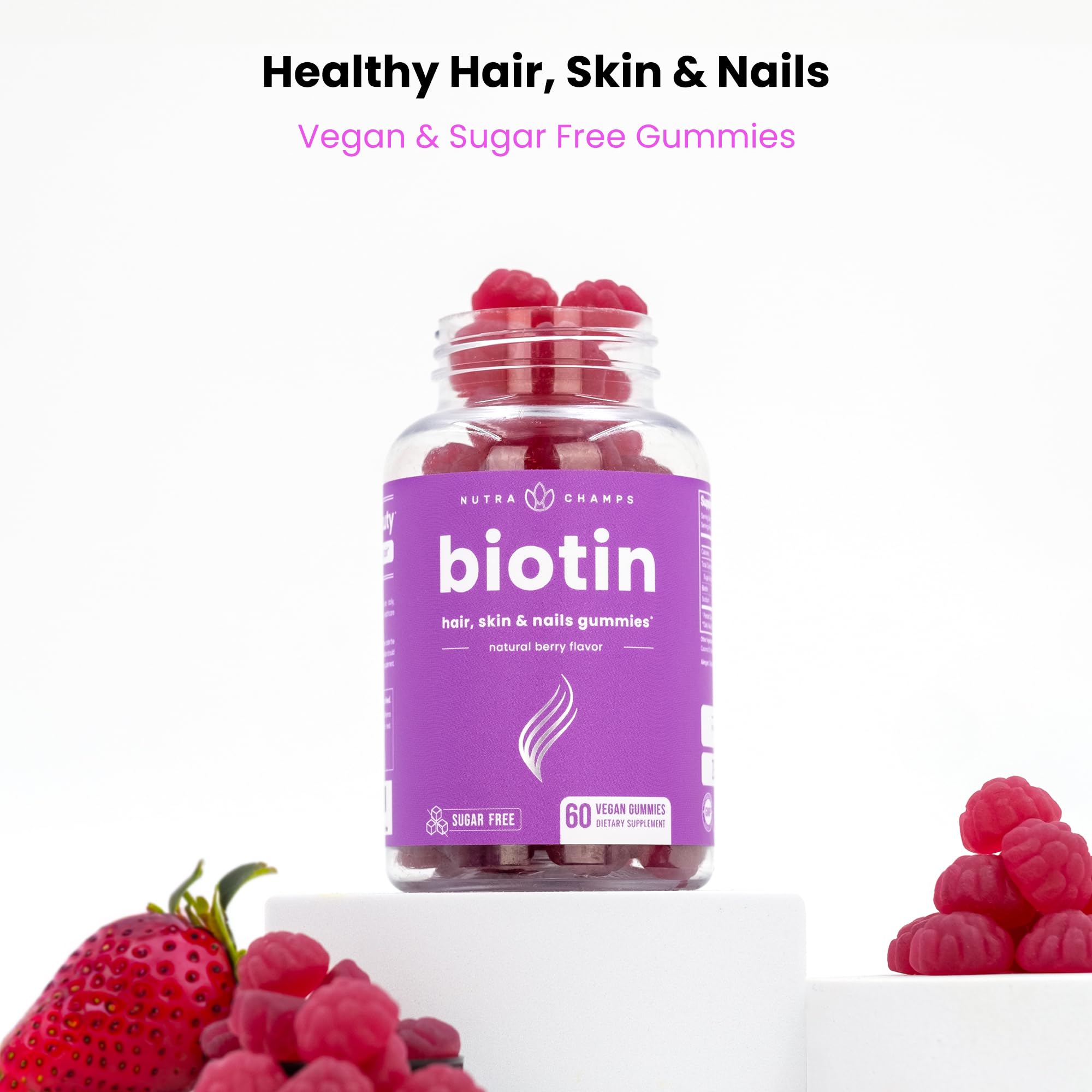 NutraChamps Sugar Free Biotin Gummies 10000mcg [High Potency] - Healthy Hair, Skin & Nails for Women, Men & Kids - 5000mcg in Each Gummy - Vegan, Non-GMO, Hair Health Vitamins Supplement - Raspberry