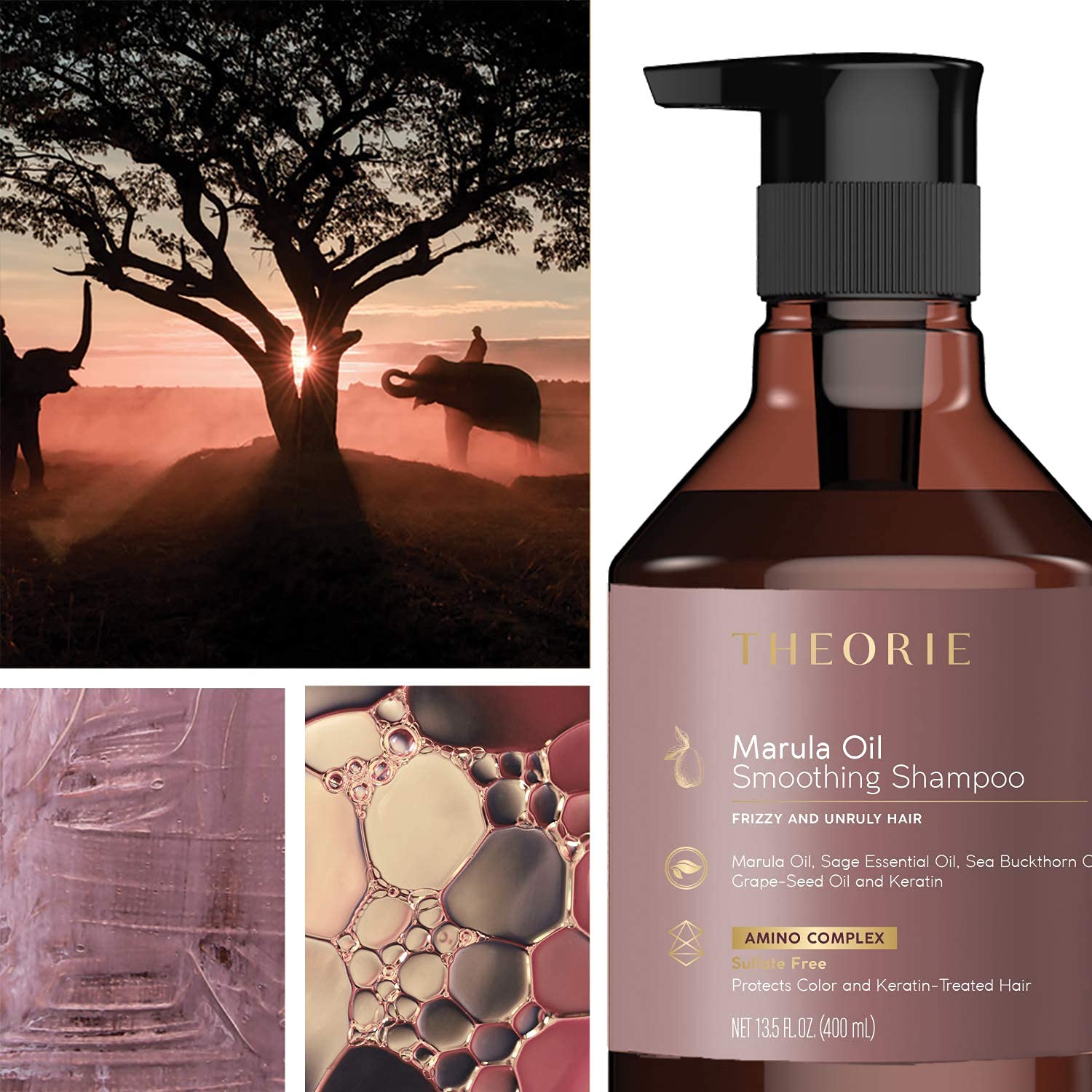 Theorie Marula Smoothing Shampoo - Frizz Control with Marula, Sea Buckthorn & Grape Seed Oils, Sulfate-Free, Gluten-Free, All Hair Types, 400 ML