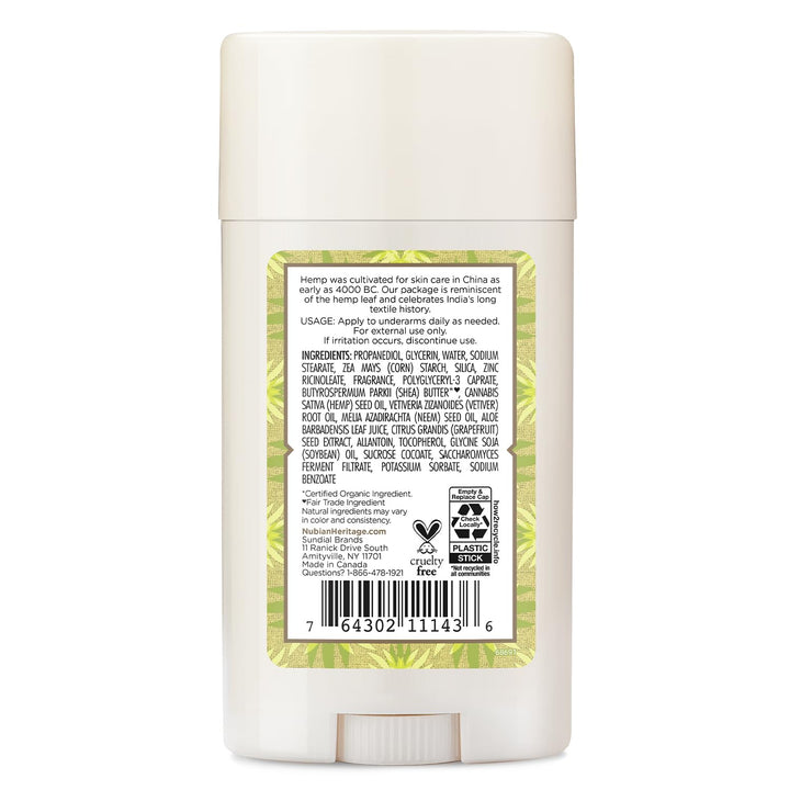 Nubian Heritage/Sundial Creations Indian Hemp And Haitian Deodorant, Vetiver With Neem Oil, 2.25 Ounce