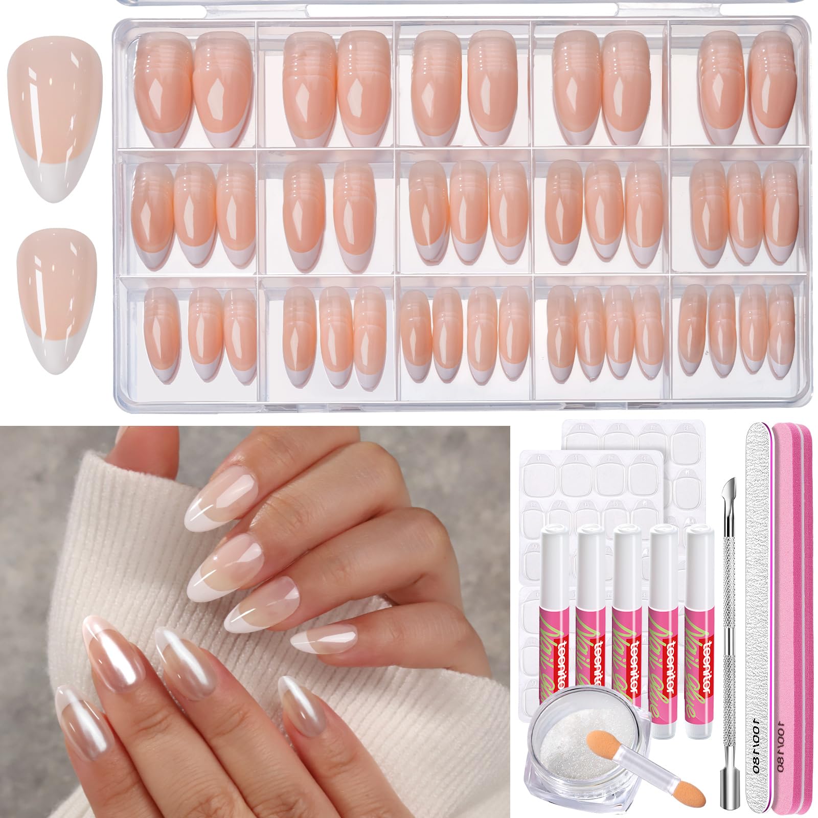 Teenitor Short French Tip Press on Nails, 15 Sizes of French Press on Nails, Short Almond Press on Nails Fake Nails Gel Press on Nails