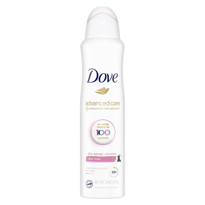 Dove Advanced Care Invisible Dry Spray Antiperspirant Deodorant No White Marks on 100 Colors Clear Finish 48-Hour Sweat and Odor Protecting Deodorant for Women 3.8 oz