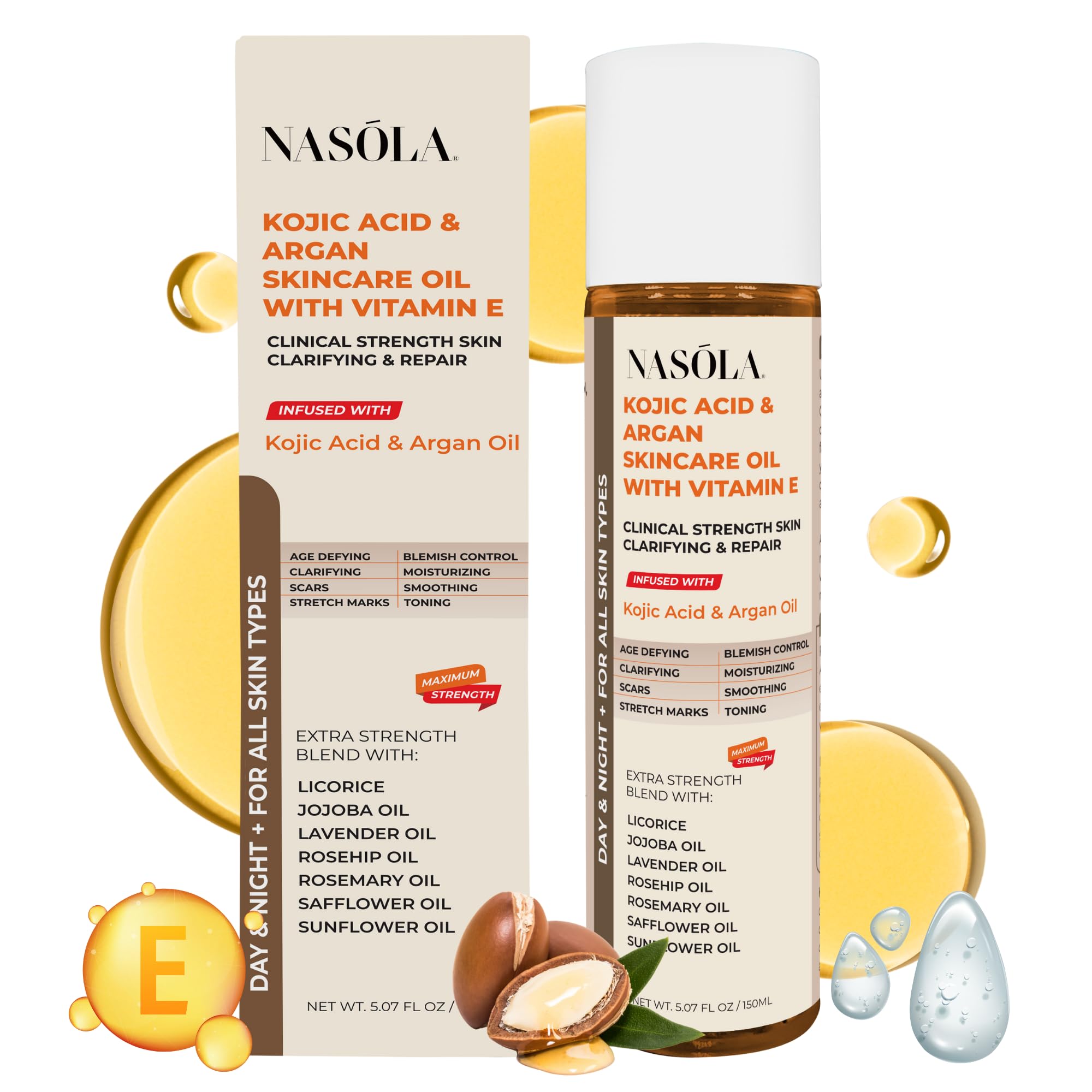 Nasola Kojic Acid Argan Skincare Bio Pure Oil with Vitamin E Face & Body Moisturizer Serum for Scars & Stretch Marks