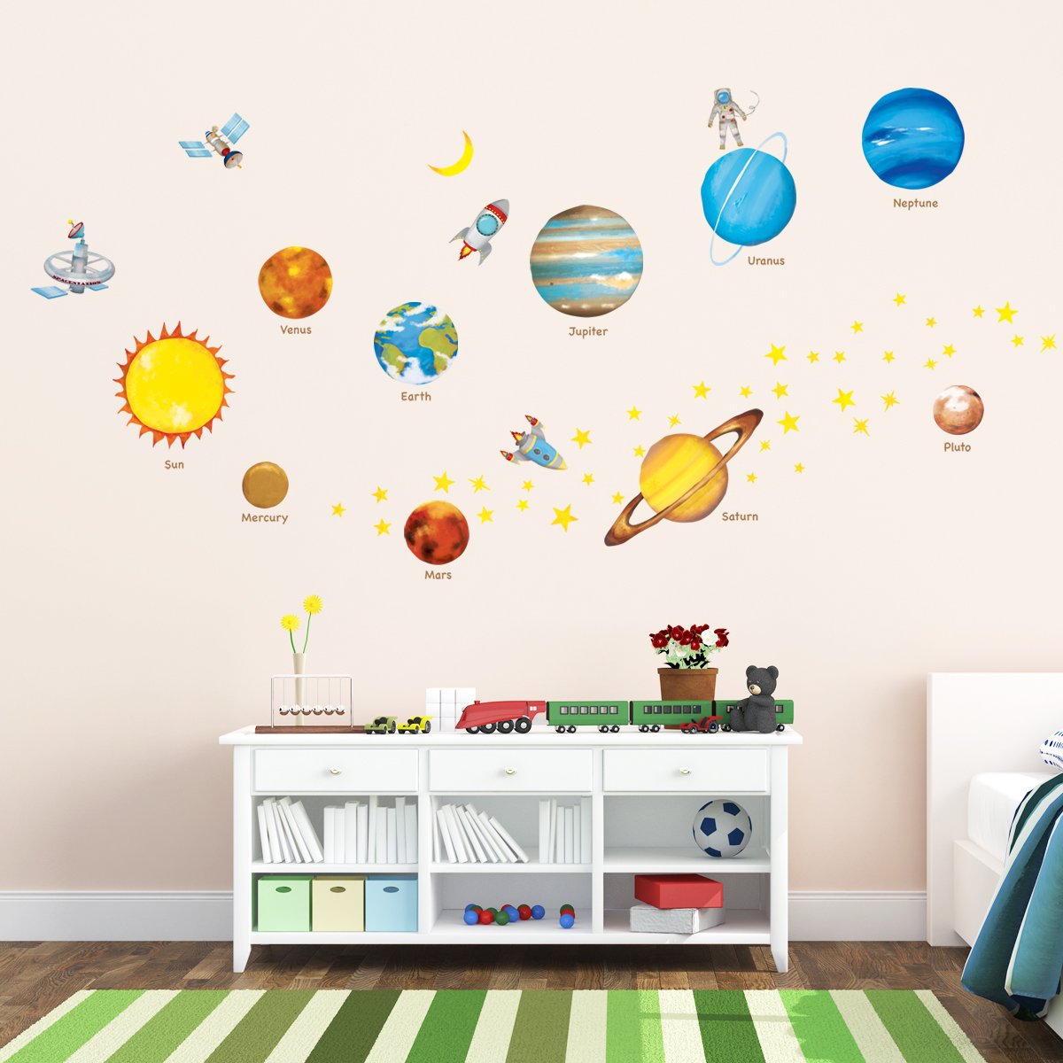 Decowall DS8-1307 Planets in The Space Kids Wall Decals Wall Stickers Peel and Stick Removable Wall Stickers for Kids Nursery Bedroom Living Room