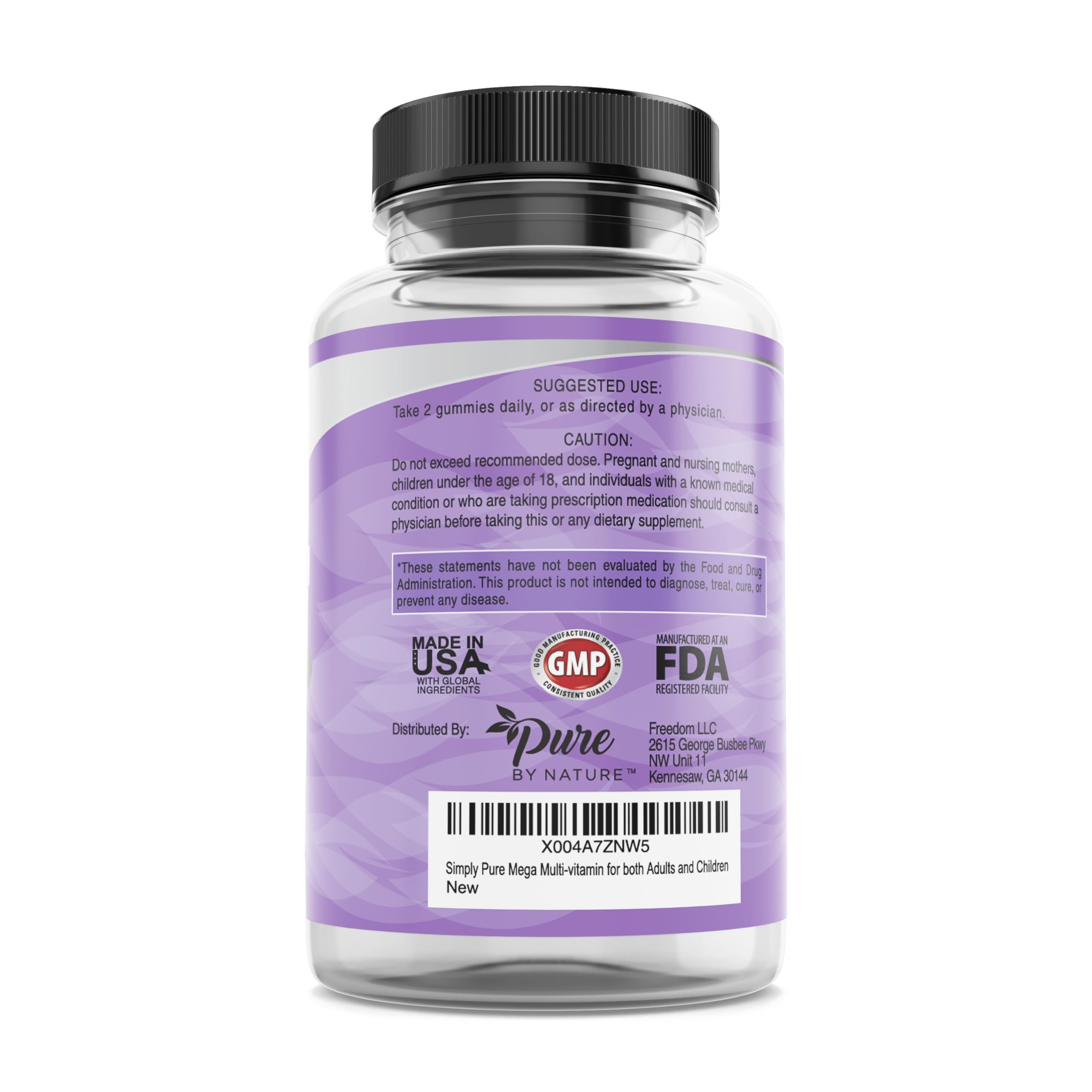 Pure By Nature Mega Multi Gummies, Natural Flavored Multi Vitamin Gummies for Women & Men, Dietary Supplement, Multivitamin for Men with Vitamins A, D2, C, E, K, Biotin, Folic Acid (60 Count)