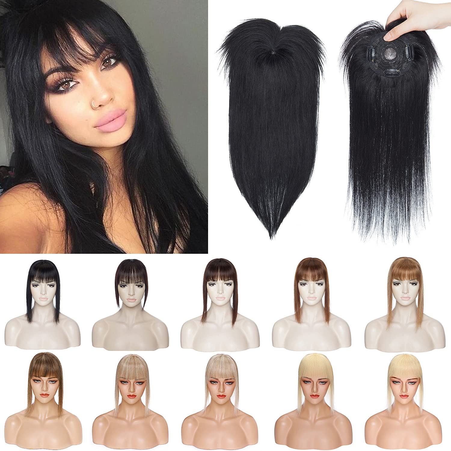 S-noilite Clip In Mono Topper with Bangs 100% Real Human Hair Crown Toppers with Wispy Bangs 12 Inch 35g Jet Black Top Hairpiece For Women with Thinning Hair/Gray Hair/Short Hair/Hair Loss #1