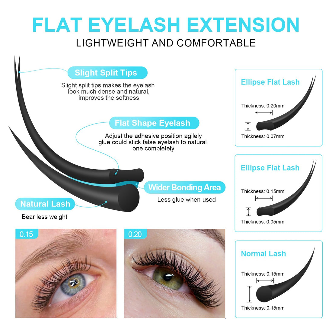 NAGARAKU Ellipse Eyelash Extensions Flat Split Tips Individual Lash 0.15mm D curl 9mm Matte Black Faux Mink Classic Lash Supplies