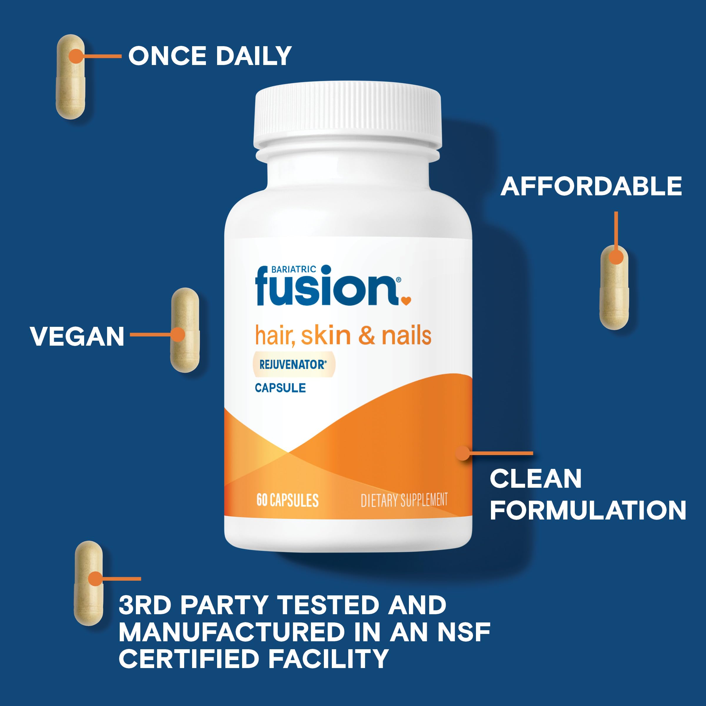 Bariatric Fusion ONE Per Day Bariatric Hair Skin and Nails Vitamins REJUVENATOR for Women | Bariatric Vitamin Vegan Supplement Includes Biotin, Vitamin B12, and B1 | Easy to Swallow | 60 Capsules