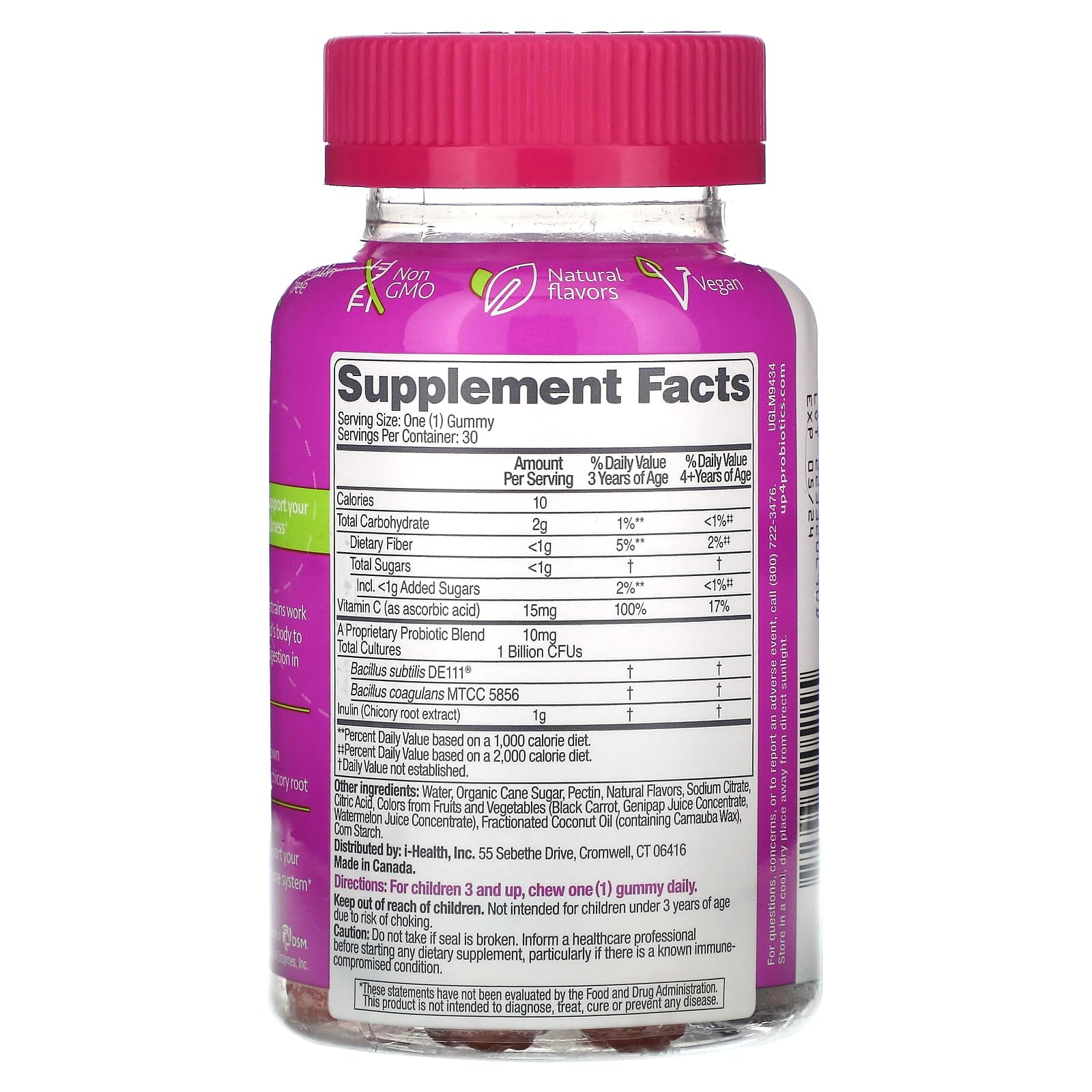 up4 Kids Probiotic Gummies, Digestive and Immune Support with Prebiotics and Vitamin C, Gelatin and Gluten Free, Non-GMO, For Ages 3+, 30 count