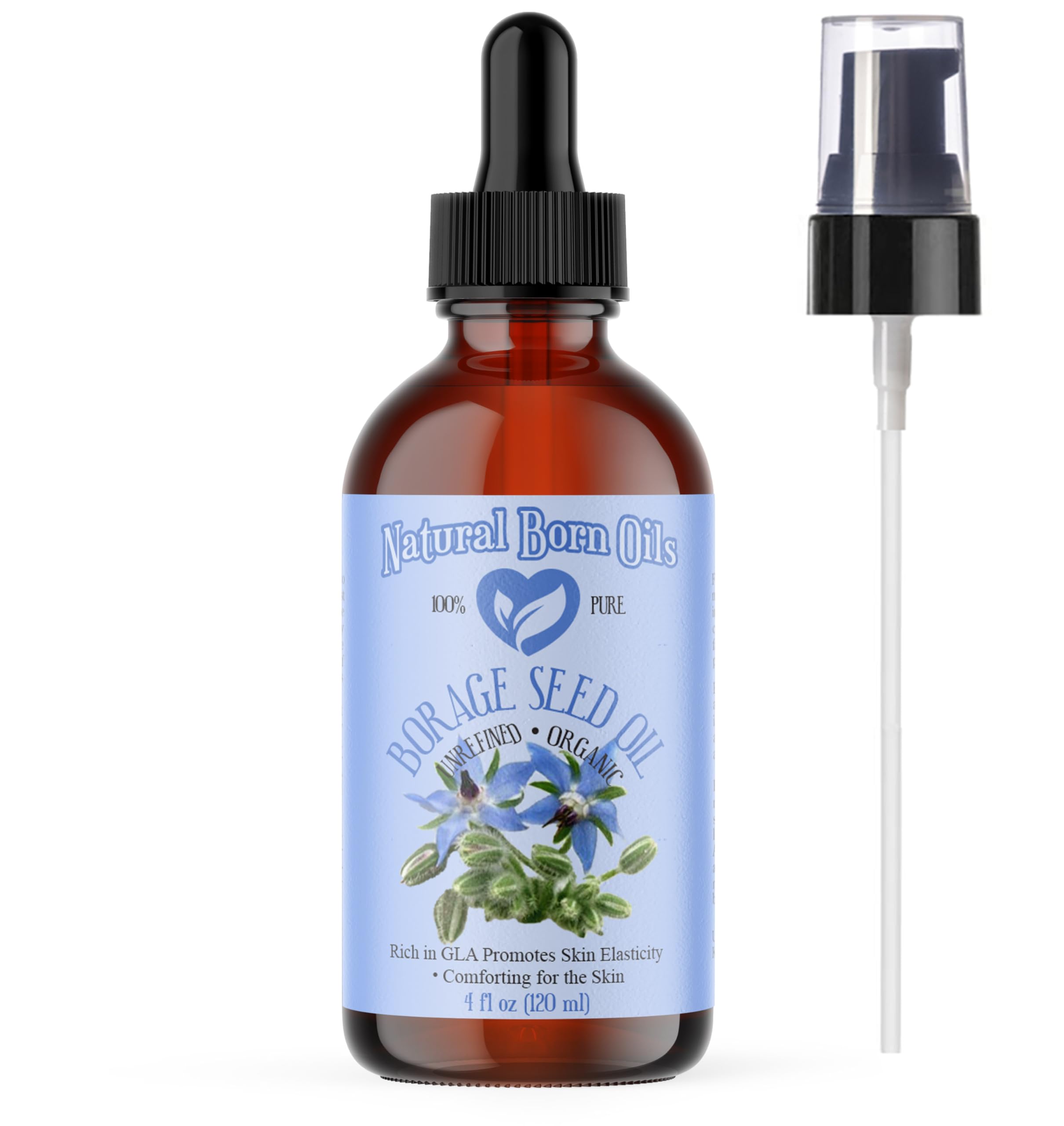 SALE! 4oz Borage Seed Oil, 100% Pure and Natural, Cold-Pressed, Unrefined, For All Skin Types – Rich in GLA - Includes Pump & Dropper