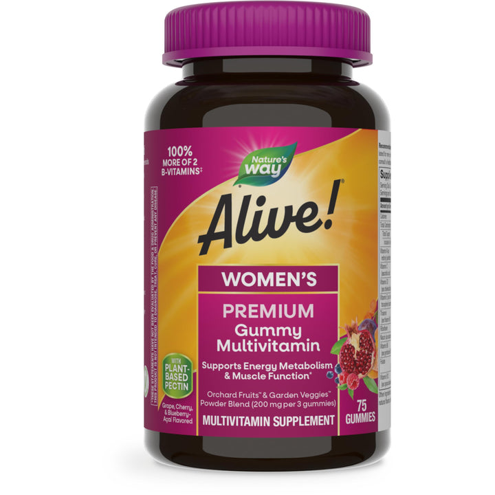Nature’s Way Alive! Premium Women’s Gummy Multivitamin, Supports Energy Metabolism, Muscle Function*, B-Vitamins, Grape, Cherry, & Blueberry-Acai Flavored, 75 Gummies (Packaging May Vary)