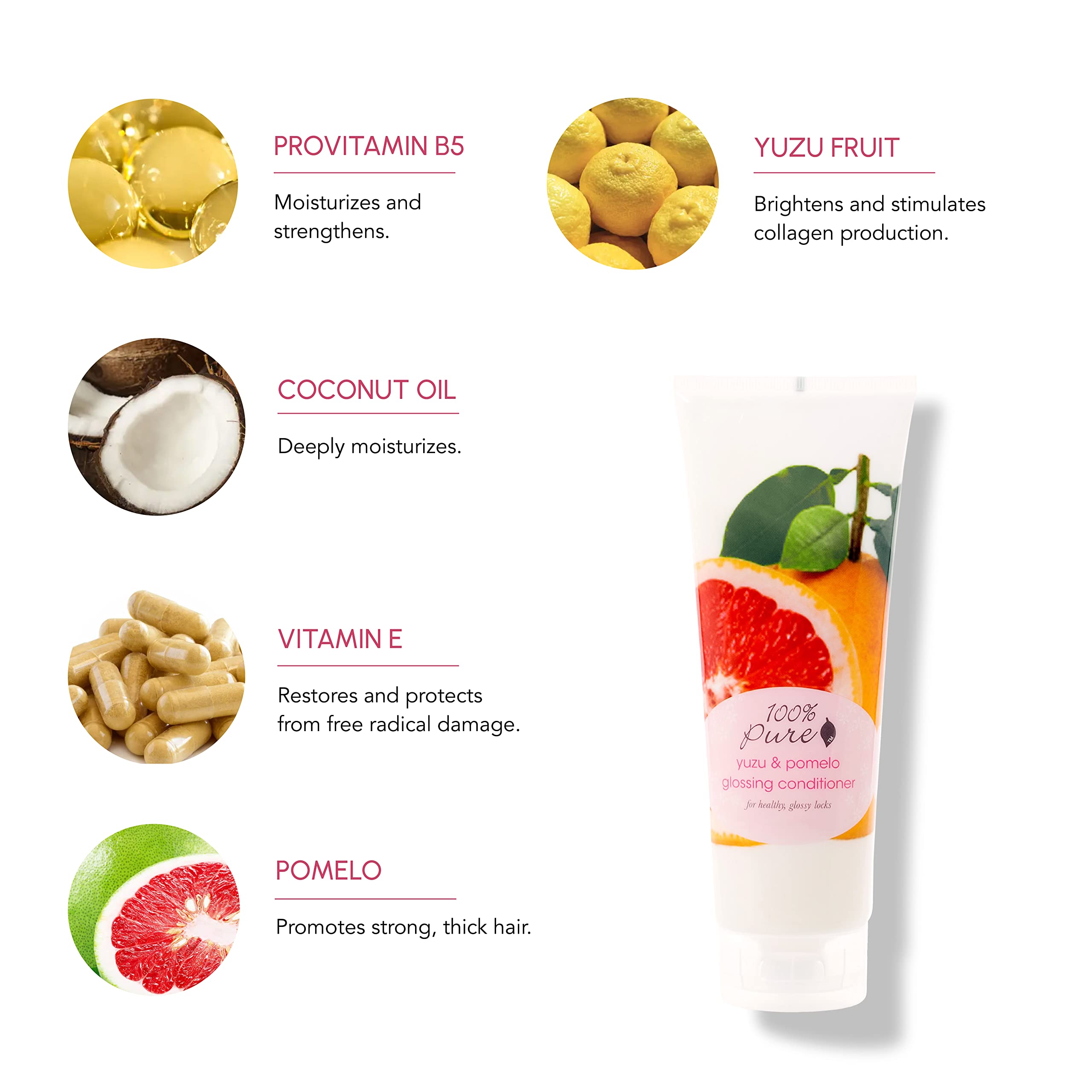 100% PURE Yuzu & Pomelo Glossing Conditioner Revitalizing & Hydrating Nutrient Boost of Kelp Flax Seed Oil & Vitamin E Helps Restore Hair Shine Body & Strength for Women & Men, Vegan - 8 Fl Oz