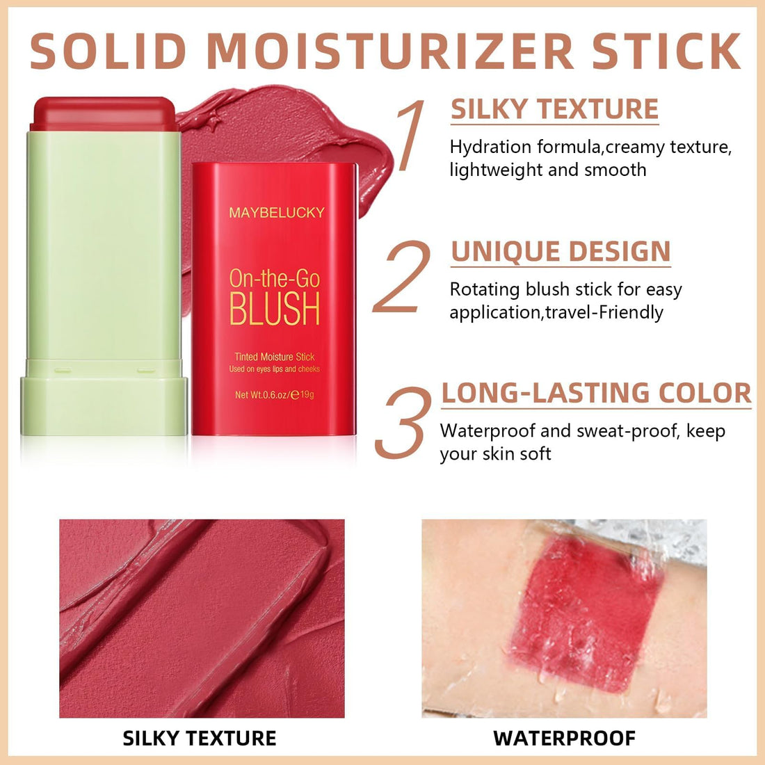 HOSAILY Cream Blush Stick for Cheeks, Eyes & Lips, Multi-Use Tinted Moisturizer, Natural Glow Blendable Blusher with Brush - Hot Red