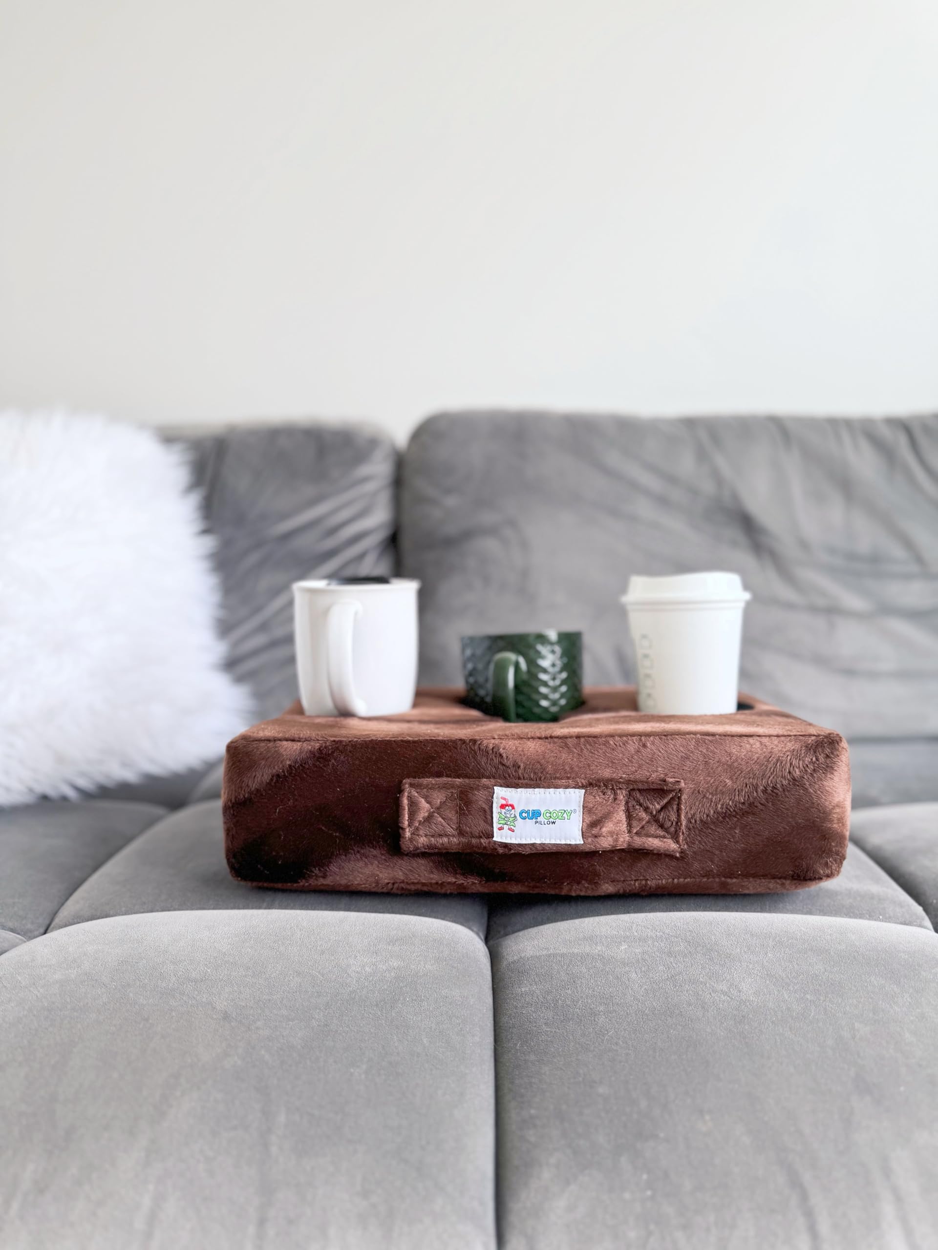 The Original Cup Cozy Pillow Gray-As Seen on TV-The World's Best Couch/Bed/Car Cup Holder for Drinks/Snacks/Remotes! (Brown)