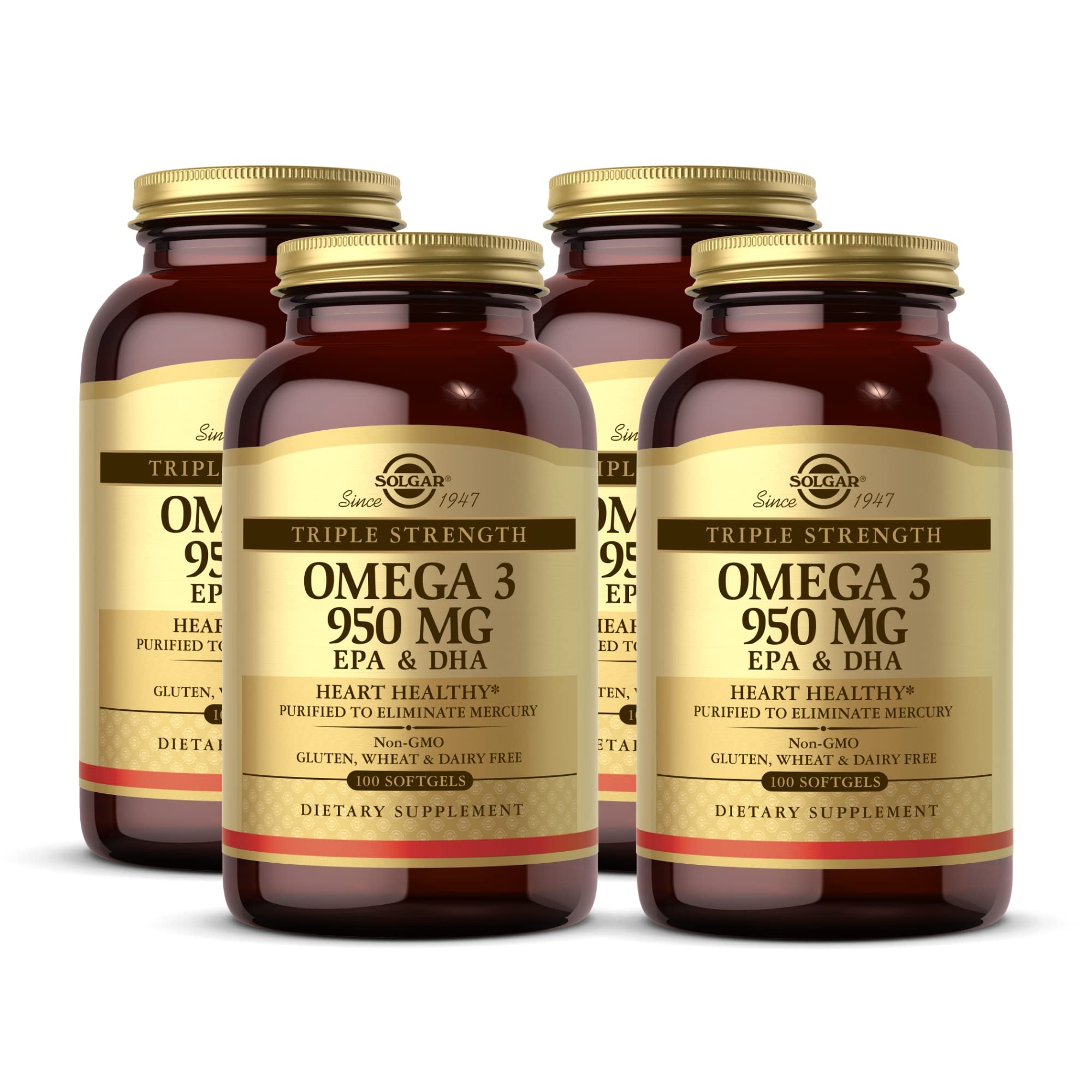Solgar Triple Strength Omega 3 950 mg - 100 Softgels, Pack of 4 - Supports Joint & Skin Health - Non-GMO, Gluten Free, Dairy Free - 400 Total Servings