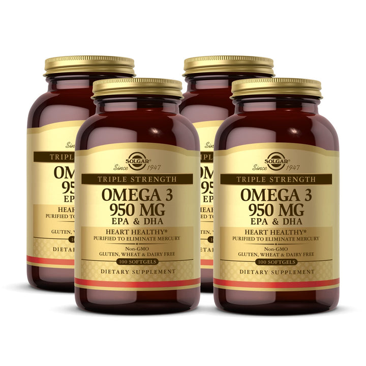 Solgar Triple Strength Omega 3 950 mg - 100 Softgels, Pack of 4 - Supports Joint & Skin Health - Non-GMO, Gluten Free, Dairy Free - 400 Total Servings
