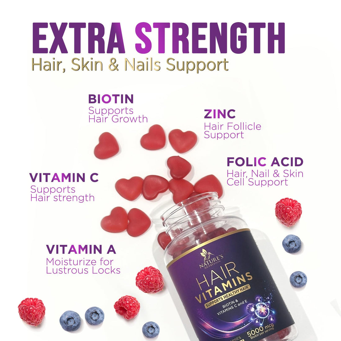 Hair Growth Supplement Gummy for Stronger, Radiant Hair, Skin & Nails - Hair Vitamins with Biotin 5000 mcg and Vitamin E & C, Nature's Extra Strength Hair Vitamins for Women & Men - 60 Gummies