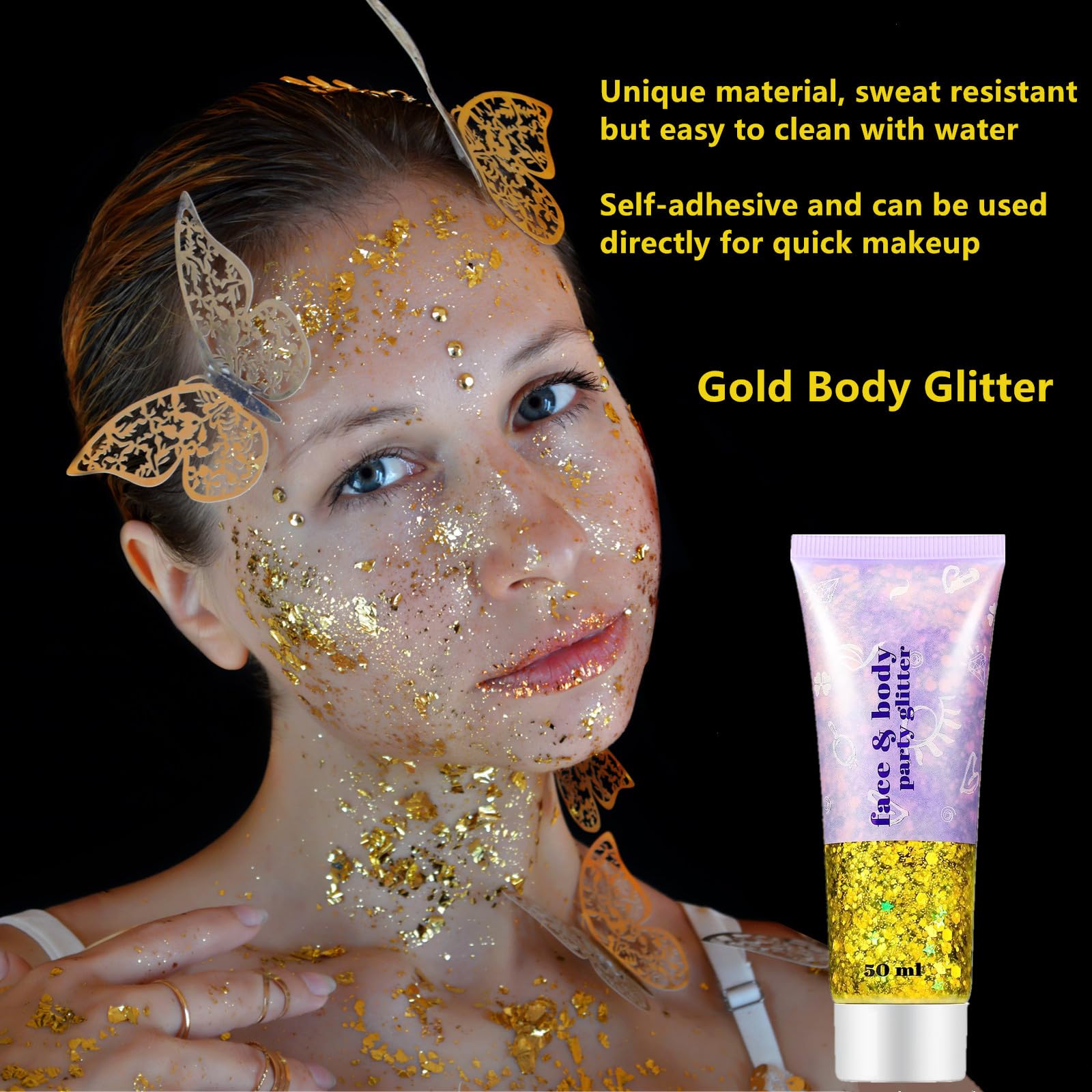 Go Ho Gold Face Body Glitter,Mardi Gras Glitter Makeup Gold Face Paint,Holographic Chunky Sequins Glitters for Eye Lip Hair Nails,Festival Rave Accessories,52g