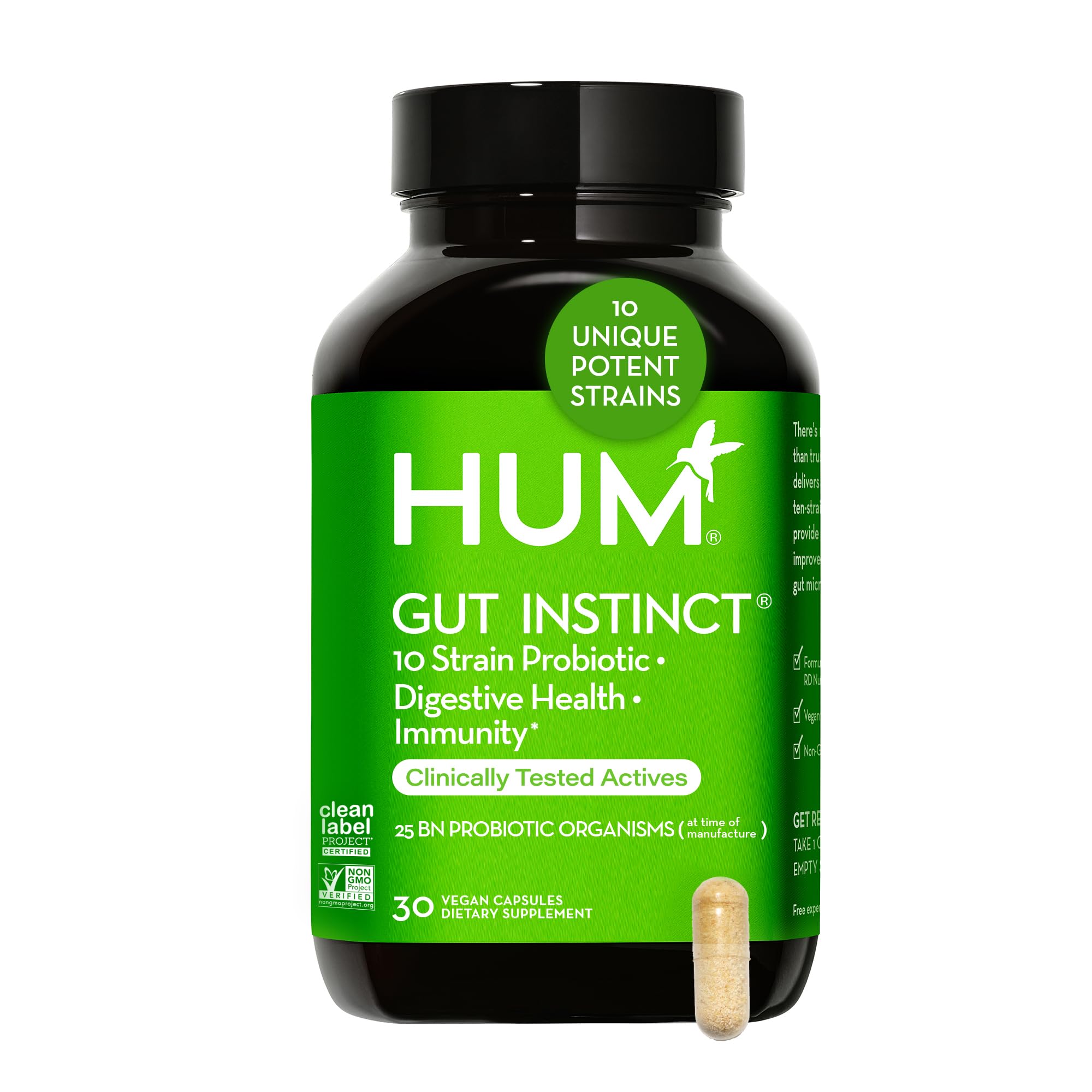 HUM Gut Instinct (30-Day Supply) - Daily Probiotics for Digestive Health for Women and Men - Lactobacillus + Bifidobacterium Strains for Bloating, Immune Support + Healthy Gut Diversity