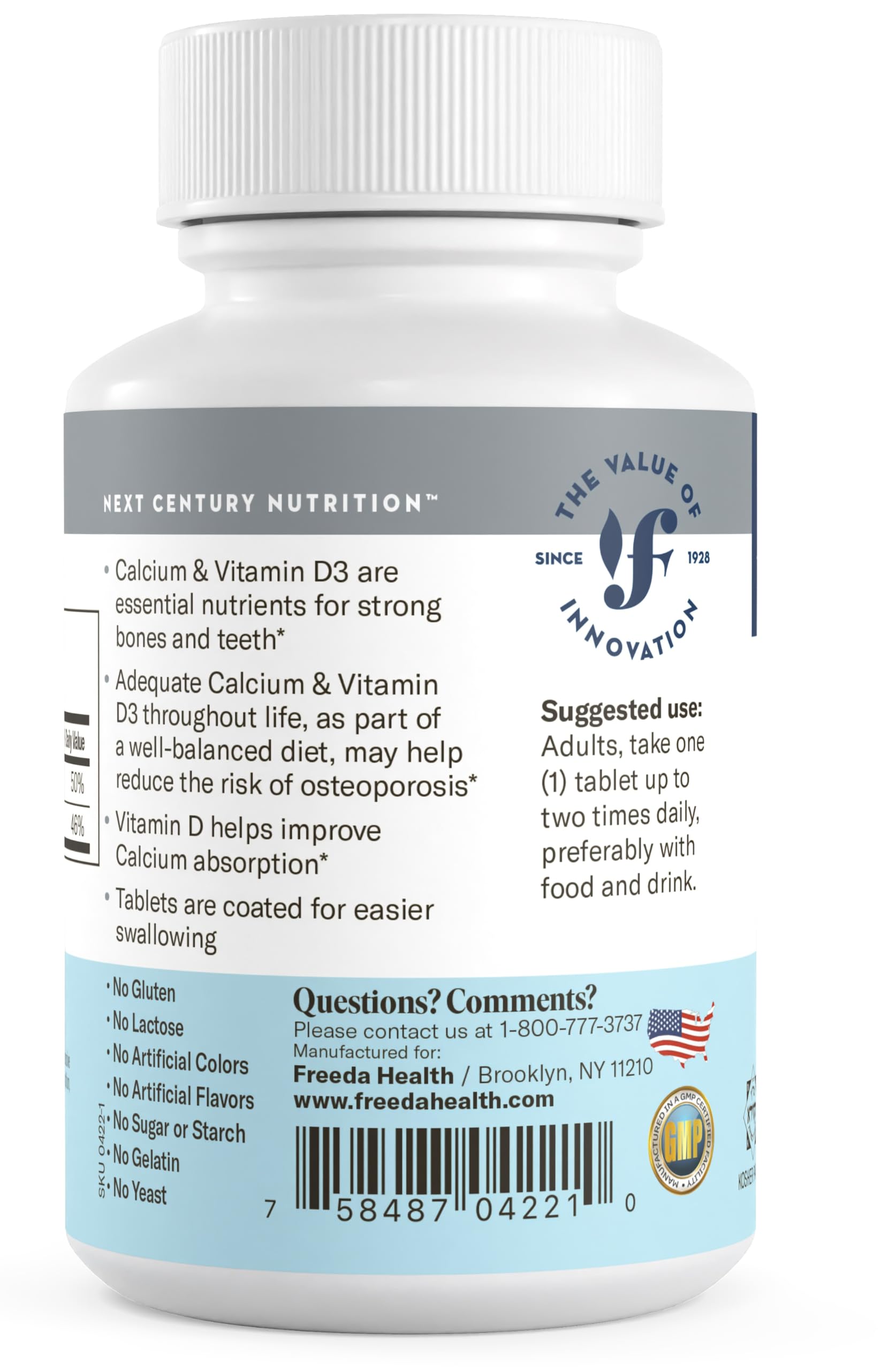 FREEDA Calcium 600 mg with Vitamin D3 400 IU – Essential Bone Support Supplement – Kosher, Gluten-Free, Easy-to-Swallow Coated Tablets for Women & Men (100 Ct)