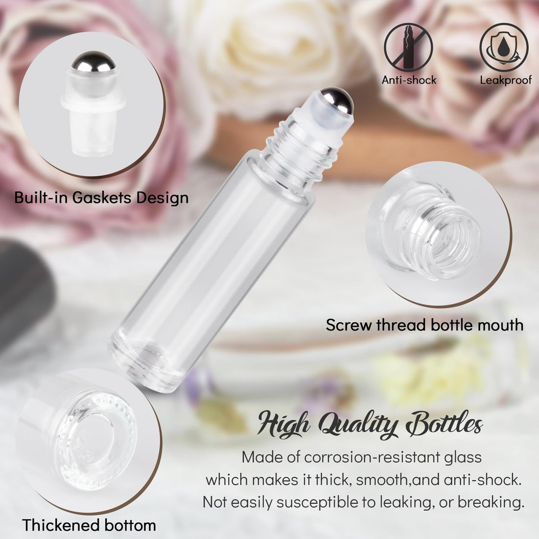 10ml Roller Bottles 12Pack Clear Thick Glass Essential Oil Roller Bottles Stainless Steel Roller Ball with 2 Droppers