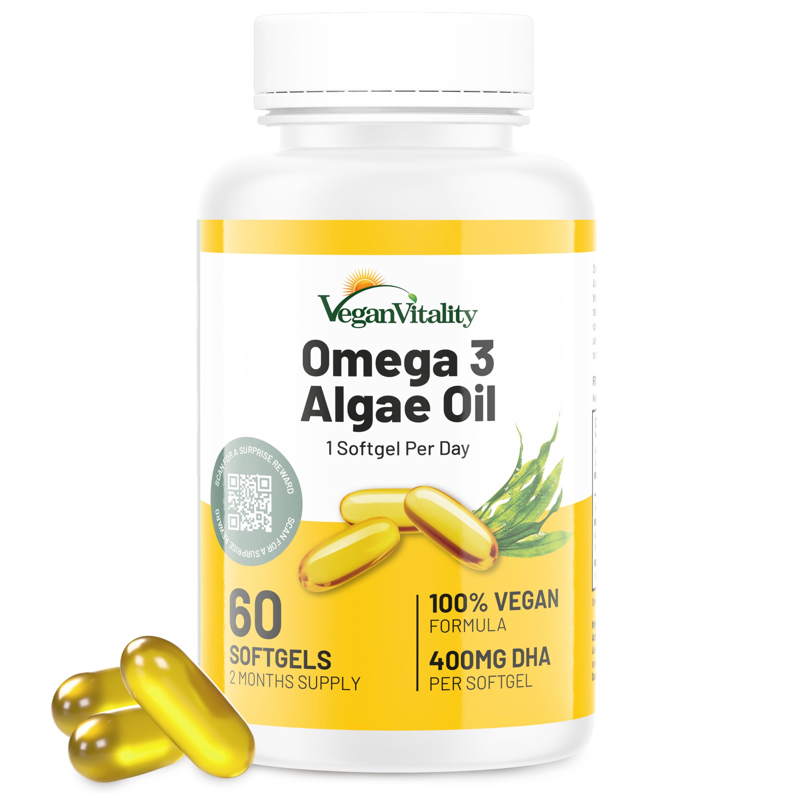 Vegan Vitality Vegan Omega 3 Supplement - 60 Plant Based Algae Oil Soft Gels Essential Fatty Acids with Vegan DHA for Joint, Heart & Immune Support Without EPA