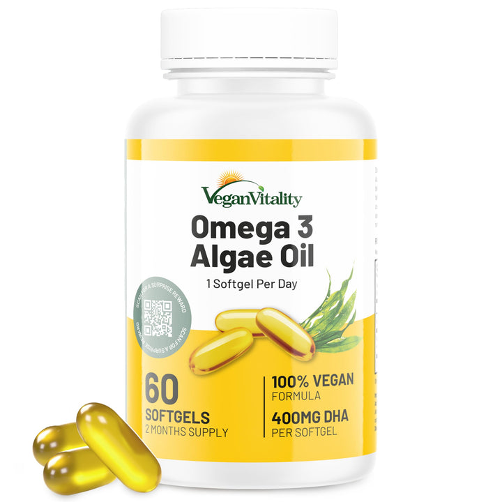 Vegan Vitality Vegan Omega 3 Supplement - 60 Plant Based Algae Oil Soft Gels Essential Fatty Acids with Vegan DHA for Joint, Heart & Immune Support Without EPA