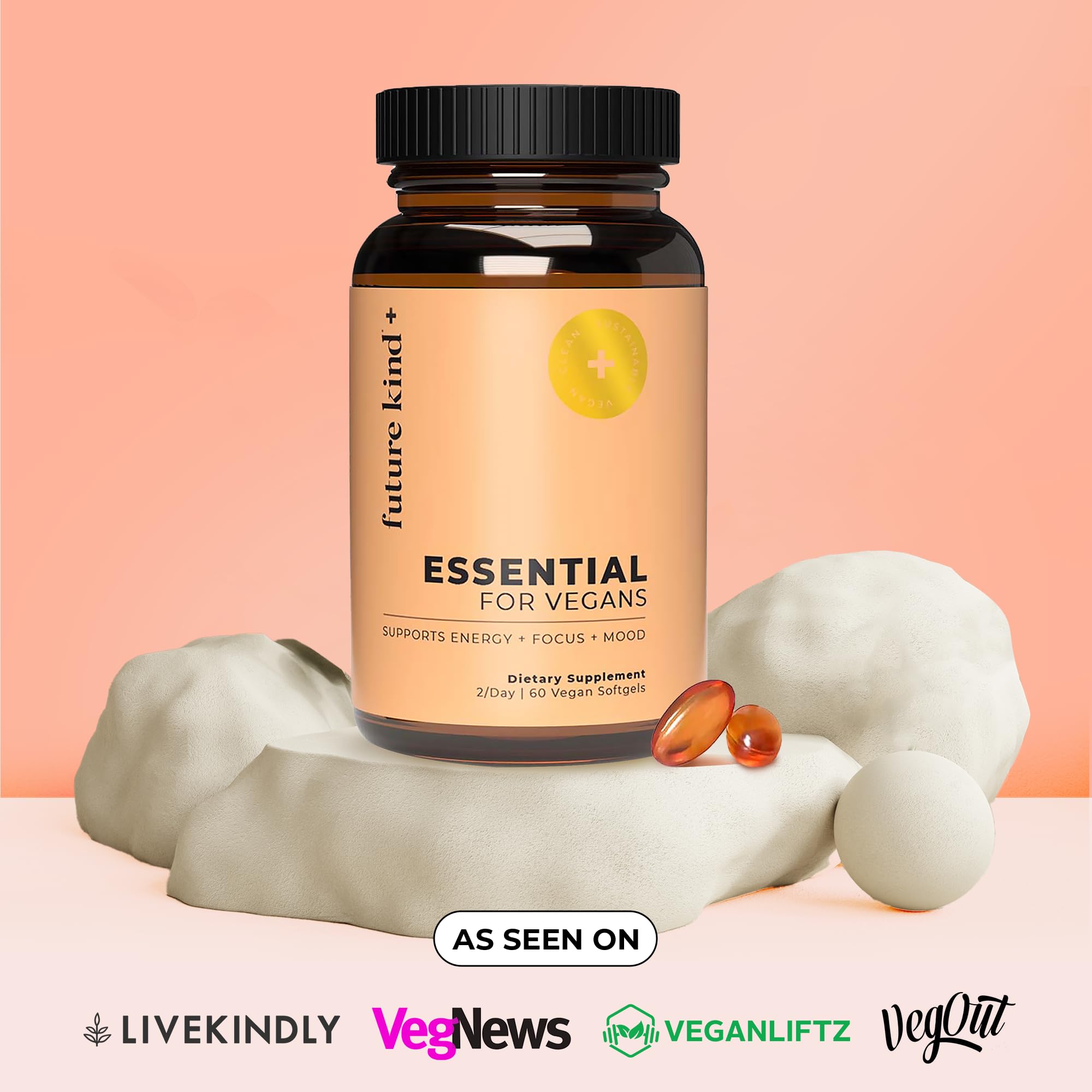 Future Kind Vegan Multivitamins - Glass Bottle & Made for Vegans with Omega 3 DHA, EPA, Vitamin B12 & D3 for Energy, Focus, & Mood (60 Softgels)