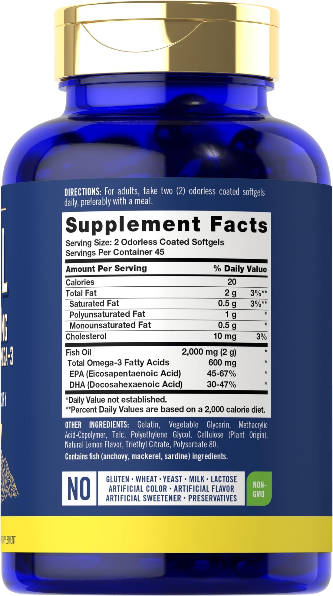 Carlyle Fish Oil 2000mg | 600mg Omega 3 with EPA & DHA | 90 Odorless Softgels | Lemon Flavored Supplement | Non-GMO & Gluten Free Pills