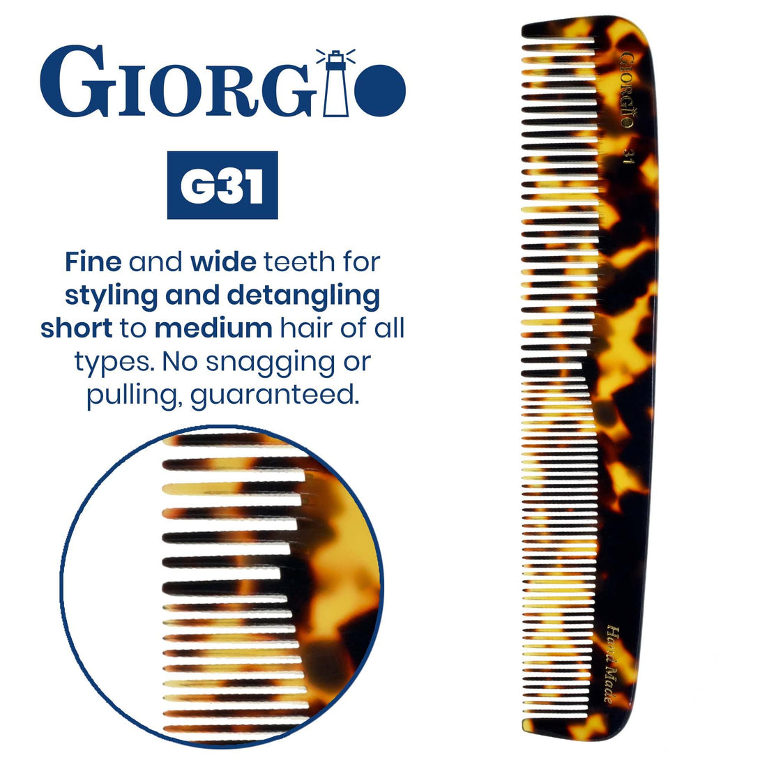 Giorgio G31 Double Tooth Hair Dressing Table Comb, Fine and Wide Tooth Dresser Comb For Hair, Beard and Mustache, Coarse and Fine Hair Styling Comb. Handmade Saw-Cut from Cellulose and Hand Polished