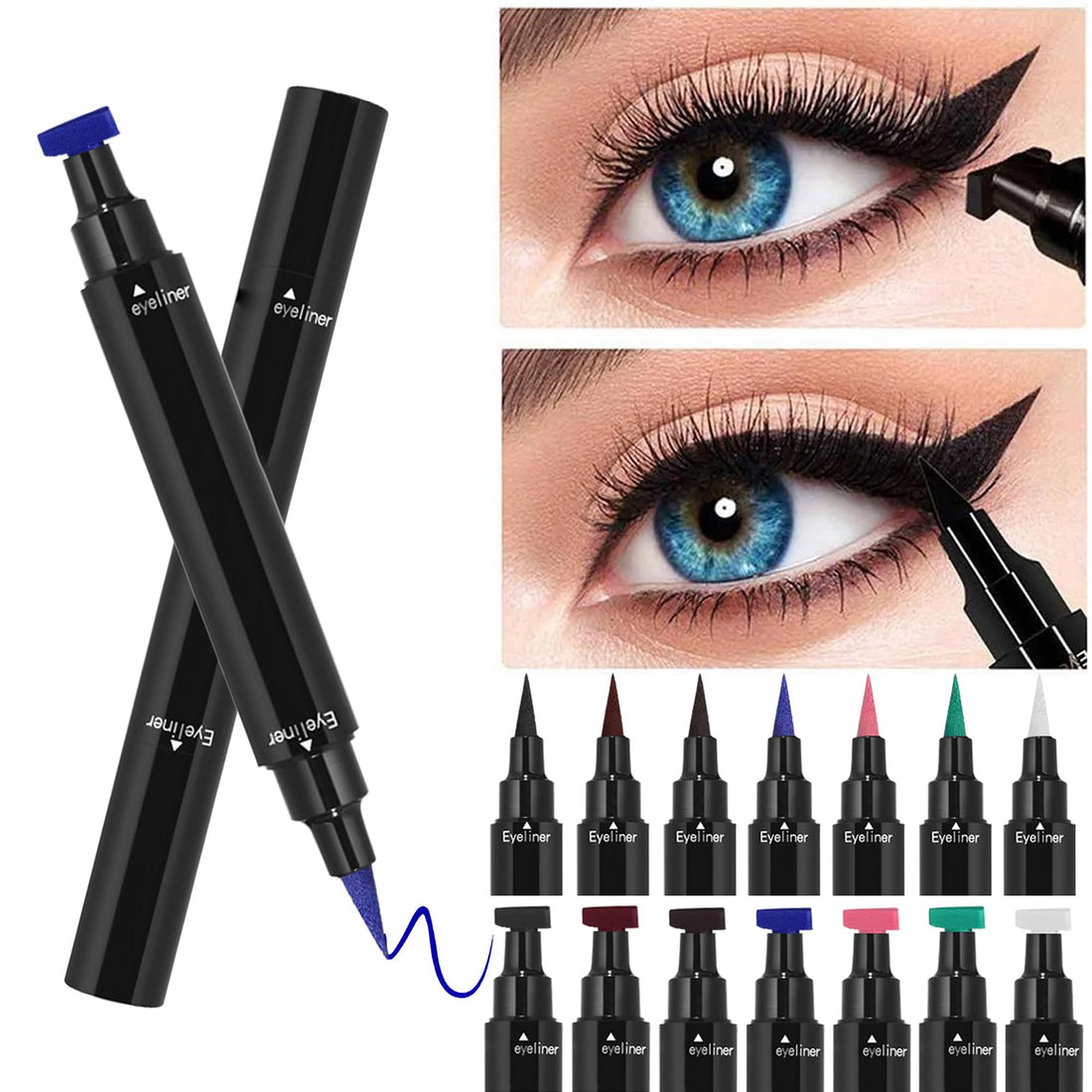 MIESCHER Wing Eyeliner Stamp Pens, White Liquid Cat Eye Winged Eye Liner Stamp & Fine Tipped Pen with Eye Makeup, Waterproof Smudgeproof Long Lasting Eyeliner Eye Makeup Tool, 01