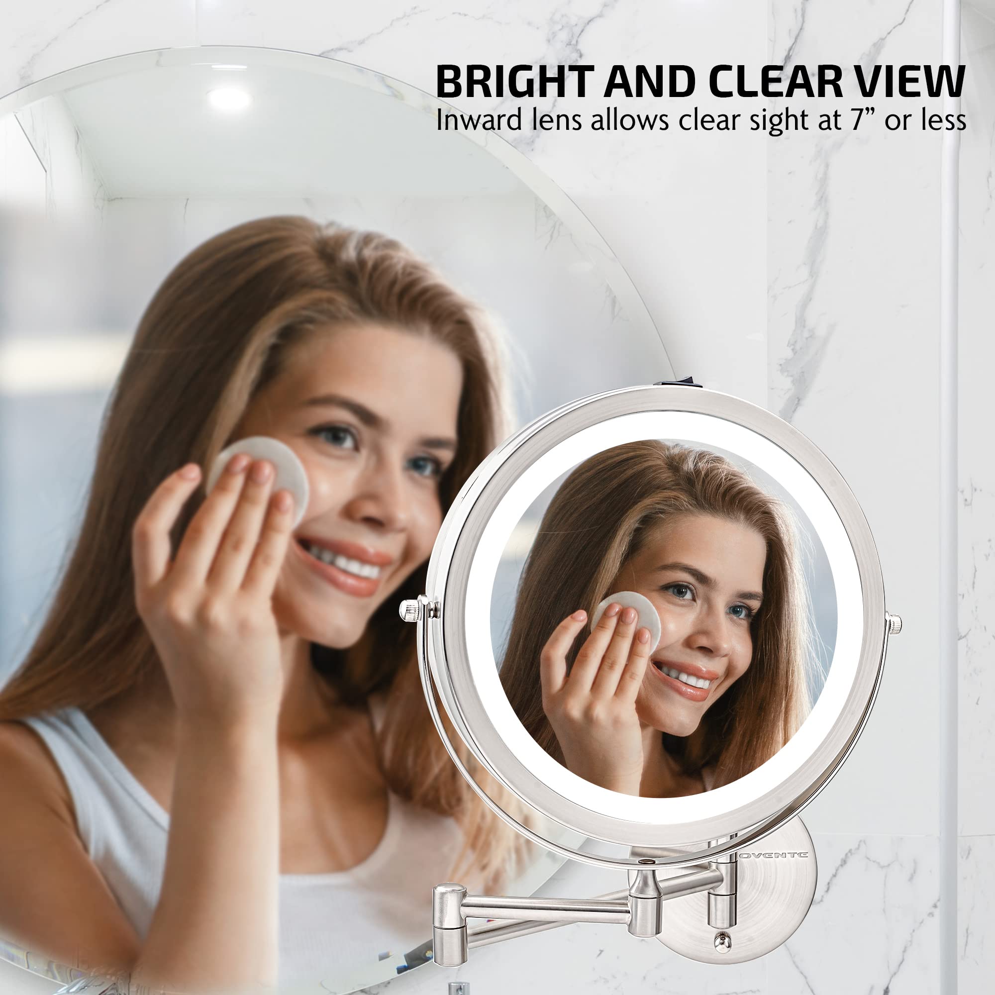 OVENTE 9 Lighted Wall Mount Makeup Mirror with 1X/10X Magnification, Cordless Double Sided Magnifying Round Vanity Mirror, 360° Swivel Design, Extendable and Folding Arm, Nickel Brushed MFW85BR1X10X