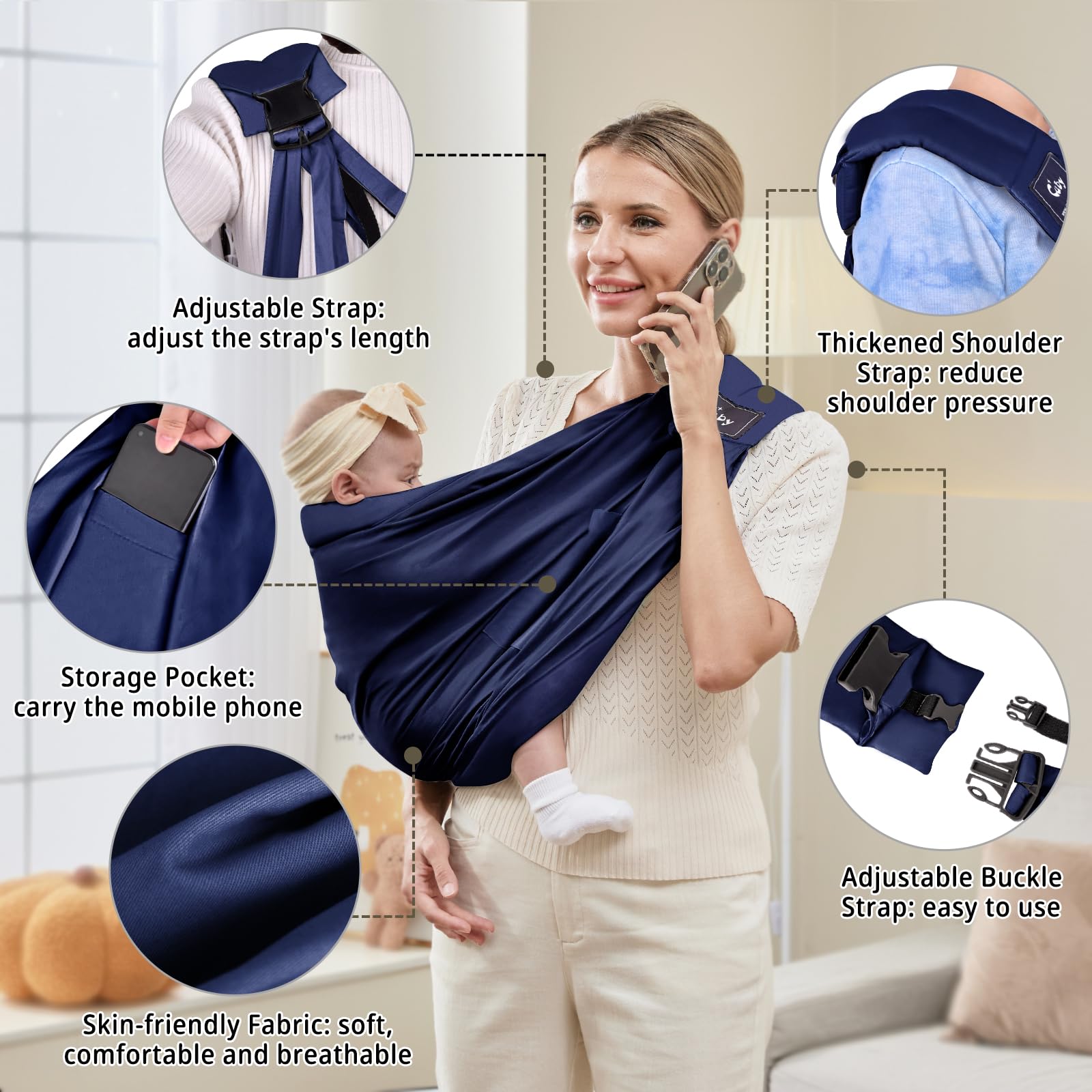 Baby Carrier by Cuby, Natural Cotton Baby Wraps Sling Baby Holder Extra Comfortable for Easy Wearing Carrying for Newborn, Soft and Adjustable Newborn and Toddler Carrier Slings (Dark Blue)