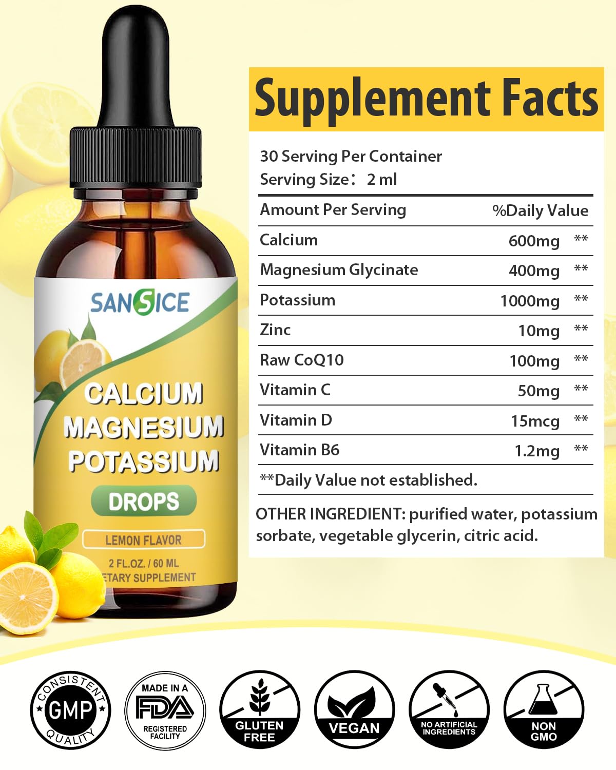 SANSICE Calcium Magnesium Potassium Liquid Drops, 400mg Magnesium Glycinate, 600mg Calcium Potassium Magnesium Drop Supplement with Vitamin D and Zinc (60ml/Lemon Flavor)