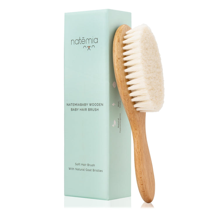 Natemia Soft Bristle Baby Hair Brush - Wooden Toddler & Newborn Grooming Cradle Cap Brush - Baby Comb for Soft Hair - For Infants and Kids - Girl and Boy