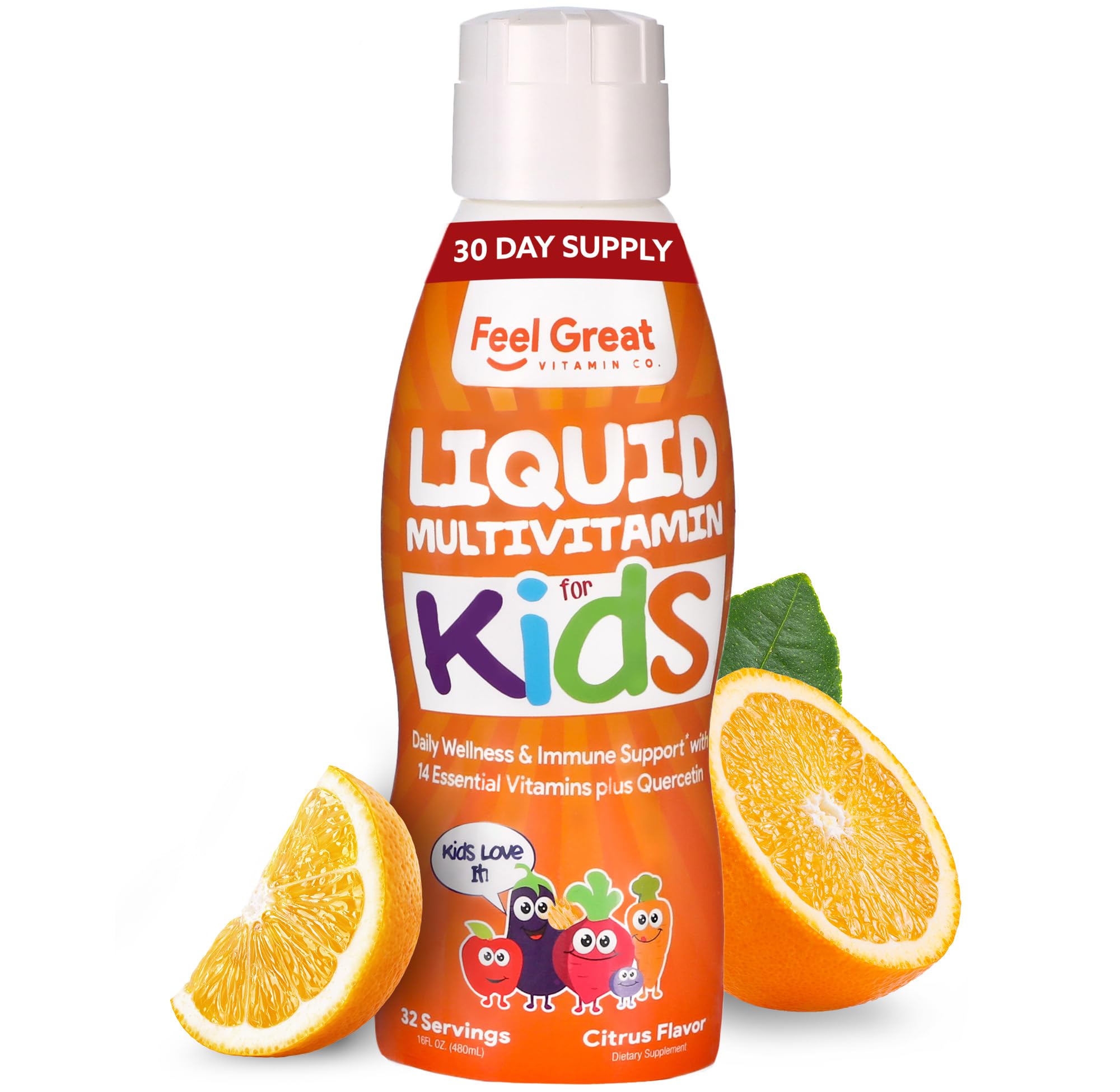 Feel Great Liquid Multivitamin for Kids | Orange Flavored Vegetarian & Sugar Free Kids Liquid Vitamin | Essential Kids Vitamins & Immune Support for Kids | 30 Day Supply