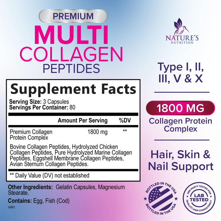 Collagen Peptides for Women & Men - Type I, II, III, V, X Multi Collagen Pills, Hydrolyzed Collagen Peptides Supplements, Nature's Hair, Skin, Nail, and Joint Support Supplement, Non-GMO, 240 Capsules
