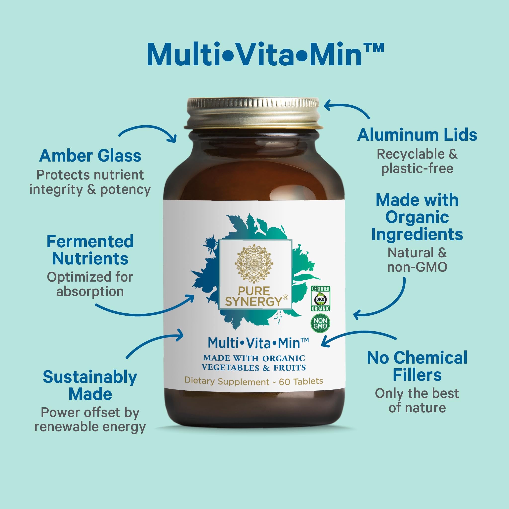 PURE SYNERGY Multi·Vita·Min | Vegan Multivitamin Made with Organic Whole Foods | Twice Daily Supplement for Men and Women | Core Nutrients for Energy, Mood, Immune, and Bone Health (60 Tablets)
