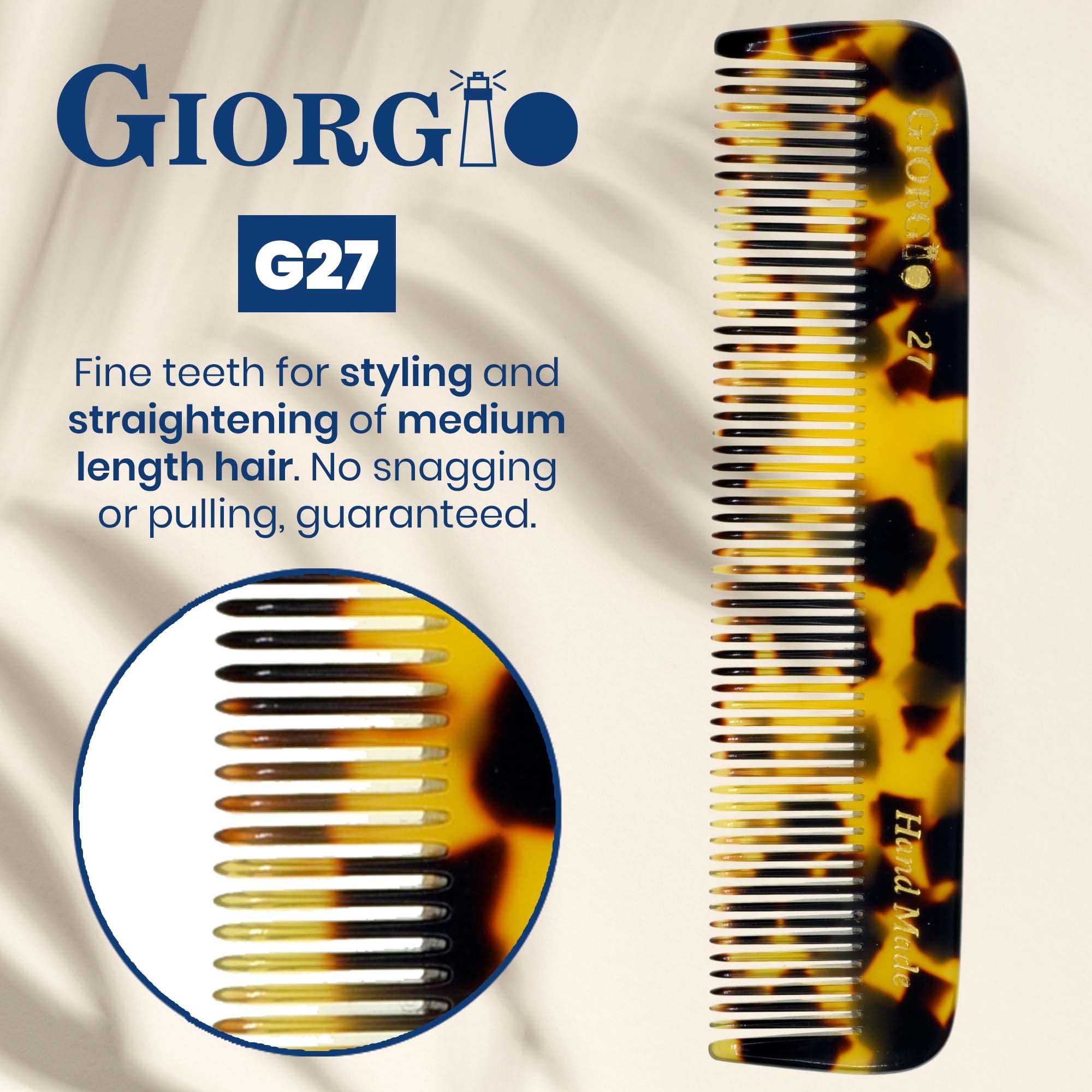 Giorgio G27 Handmade All Fine Tooth Pocket Comb, Hair Comb Straightener for Everyday Grooming Styling Hair, Mustache and Beard for Men Women and Kids, Use Dry or with Balms, Saw Cut and Polished