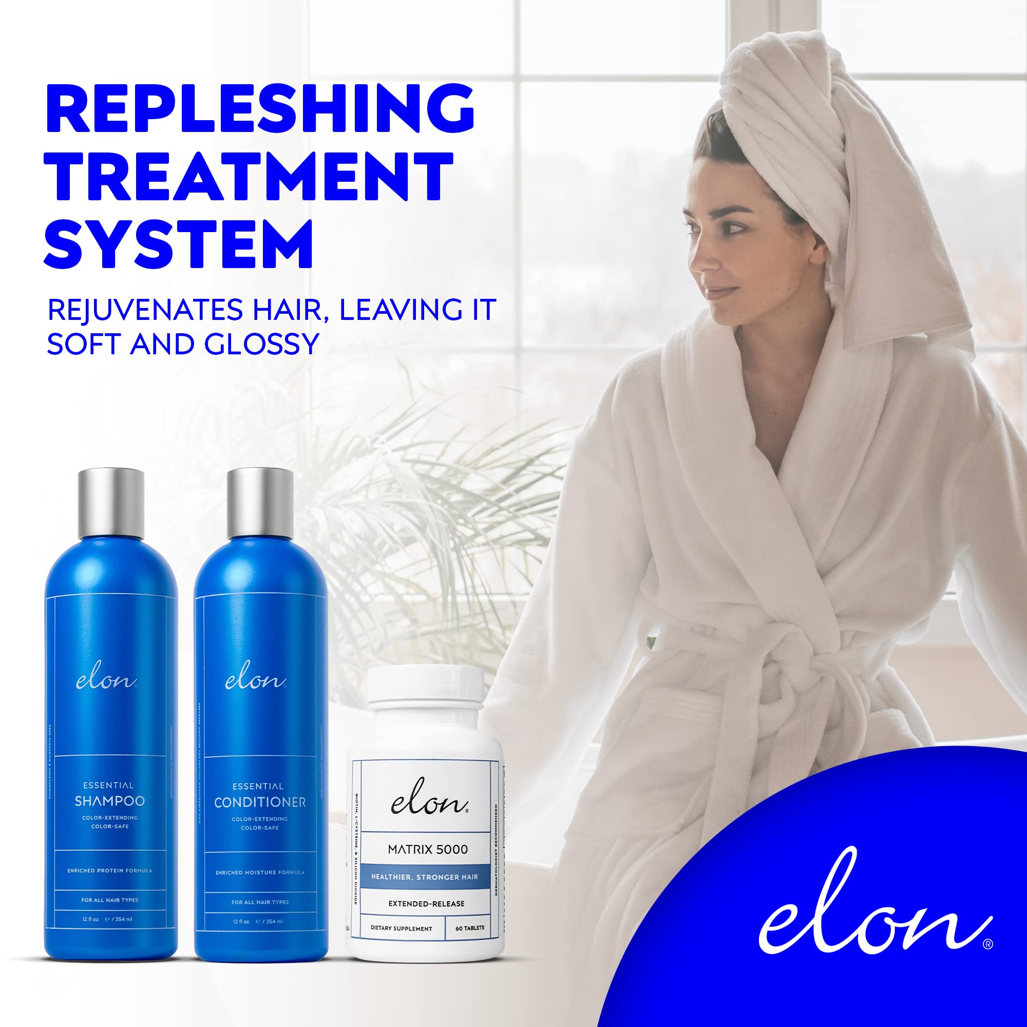Elon Complete Kit for Thinning Hair – Elon Essential Shampoo and Conditioner Set + Matrix 5000 Hair Growth Supplement – NO Sulfates, Parabens or Phthalates