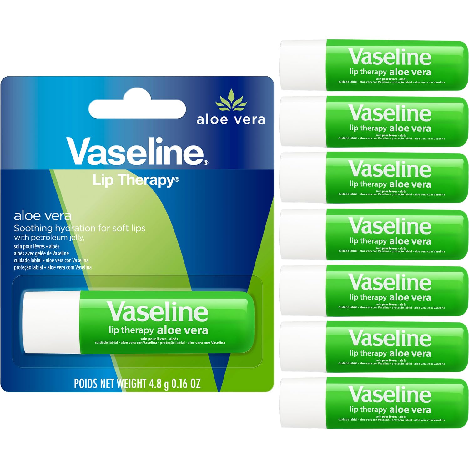 Vaseline Lip Therapy Aloe Fresh 8-Pack – Moisturizing Lip Balm for Very Dry Lips, 0.16 Oz Ea