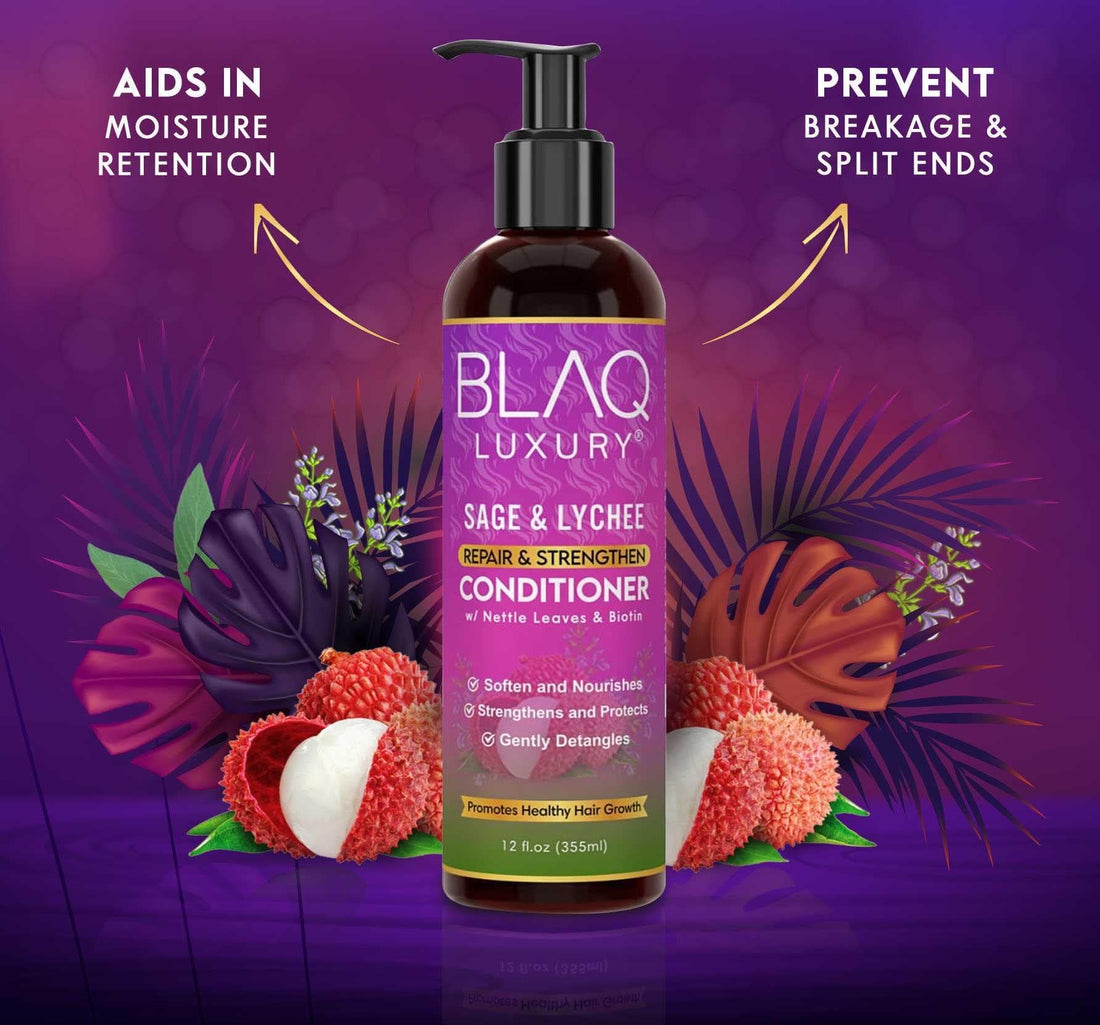 Blaq Luxury Sage and Lychee Repair & Strength Conditioner - Nourishing Formula for Strong, Healthy Hair - Infused with Biotin & Nettle Leaves - Promotes Hair Repair, Growth, and Manageability – 12oz