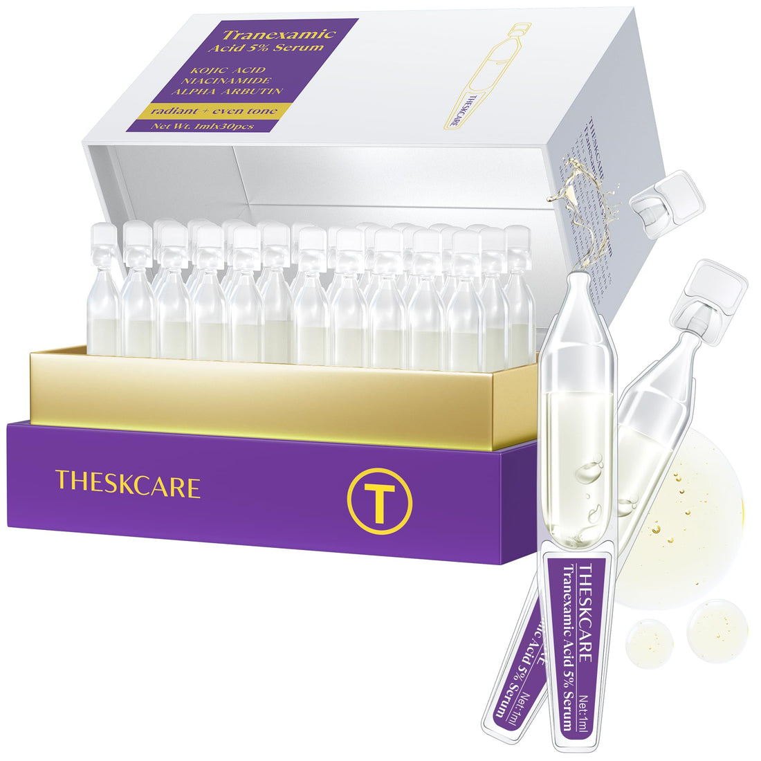 THESKCARE 5% Tranexamic Acid Serum Ampoule for Face with Niacinamide,Kojic Acid & Alpha Arbutin,Skin Glowing Serum for Dark Spots,Even Out Skin Tone,30 Ampoules