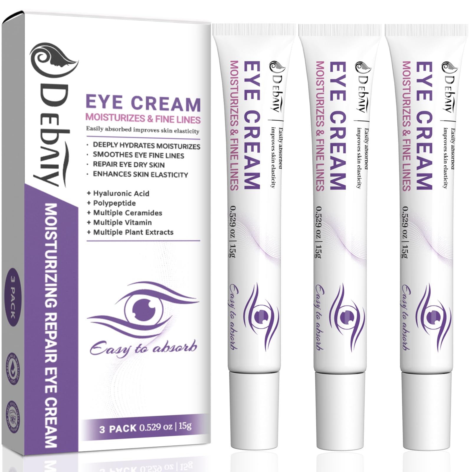 DEBAIY 3 Pack Eye Cream Hydrating & Repairing with Hyaluronic Acid & Peptides - Moisturizes, Smooths Fine Lines, Enhances Elasticity (Each 0.529oz | 15g)