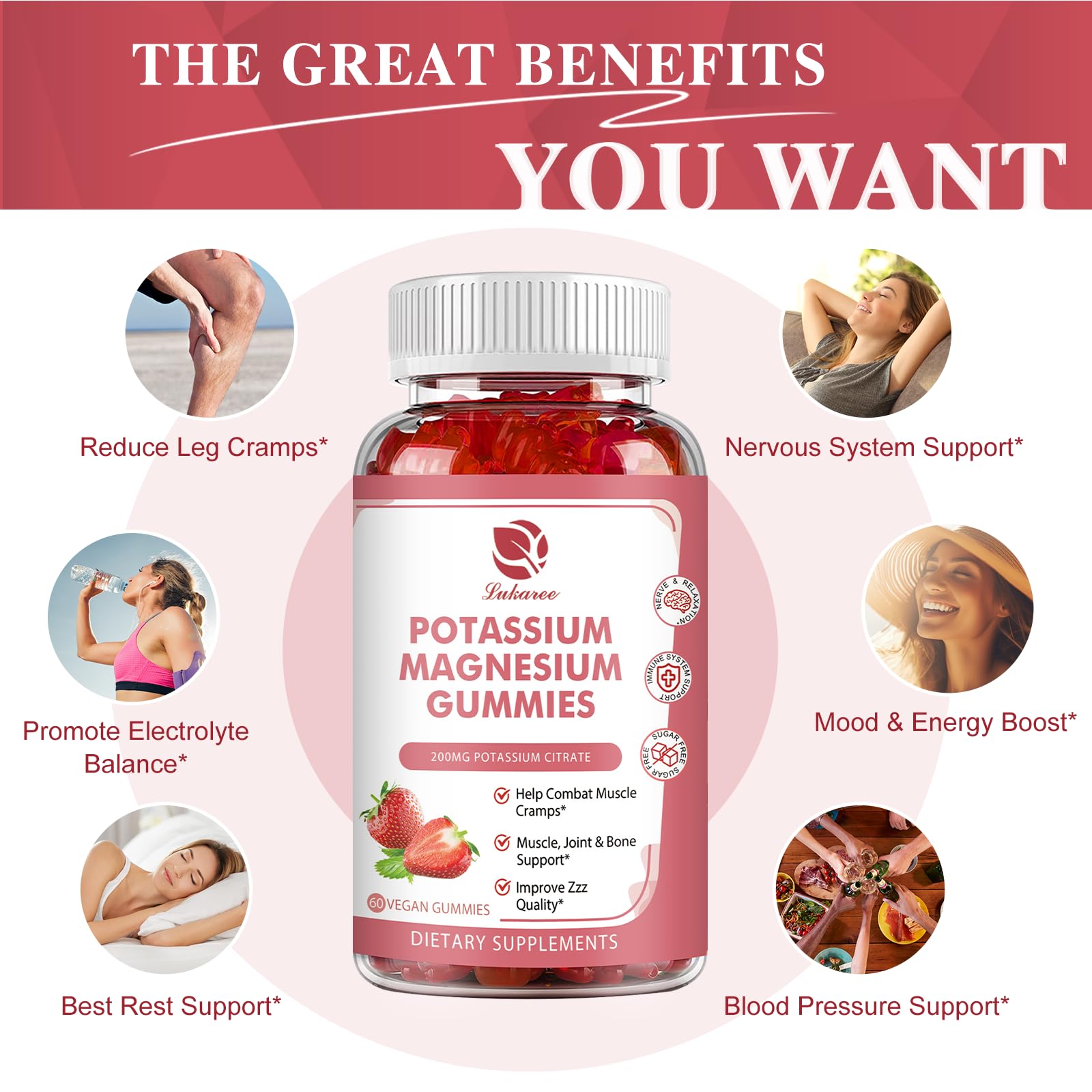 Magnesium Potassium Supplement Gummies - New Formula Calm Magnesium Glycinate Gummies & Potassium Citrate 200 mg Plus Omega 3, B6, D3, K2 & Calcium for Zzz, Leg Cramps & Muscle - 120 Gummies