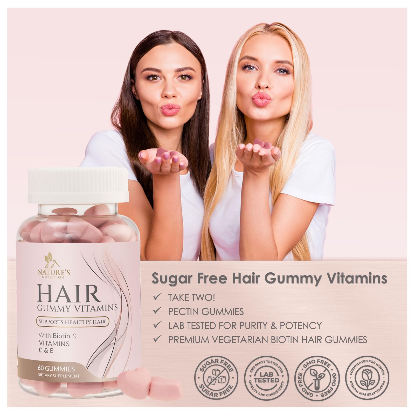 Sugar Free Hair Vitamins Gummies with Biotin 5000 mcg, Vitamin A, B12, C, D, E, Folic Acid, Supports Hair Growth Gummy, Vegetarian Friendly, Supports Strong Beautiful Hair and Nails - 60 Gummies