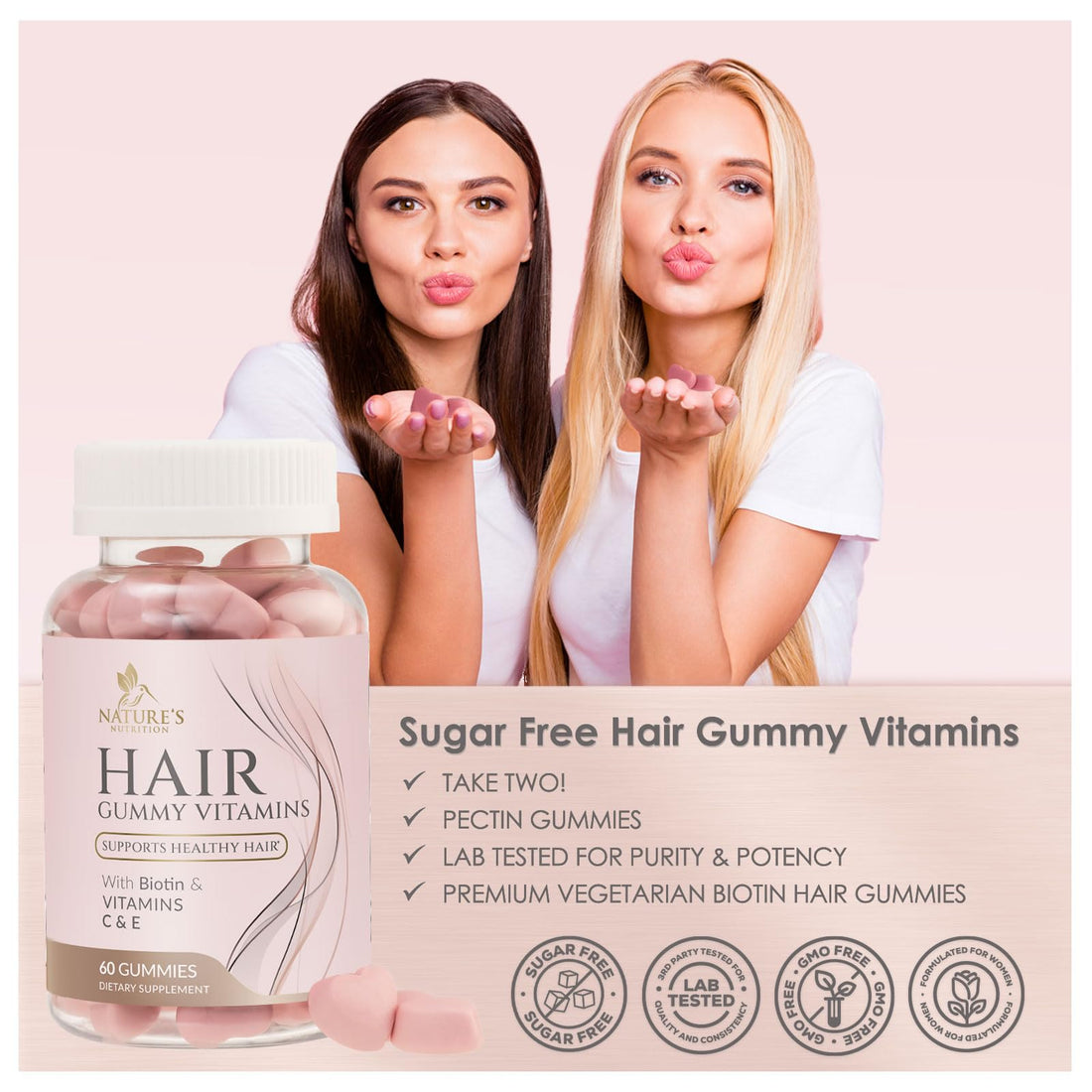 Sugar Free Hair Vitamins Gummies with Biotin 5000 mcg, Vitamin A, B12, C, D, E, Folic Acid, Supports Hair Growth Gummy, Vegetarian Friendly, Supports Strong Beautiful Hair and Nails - 60 Gummies