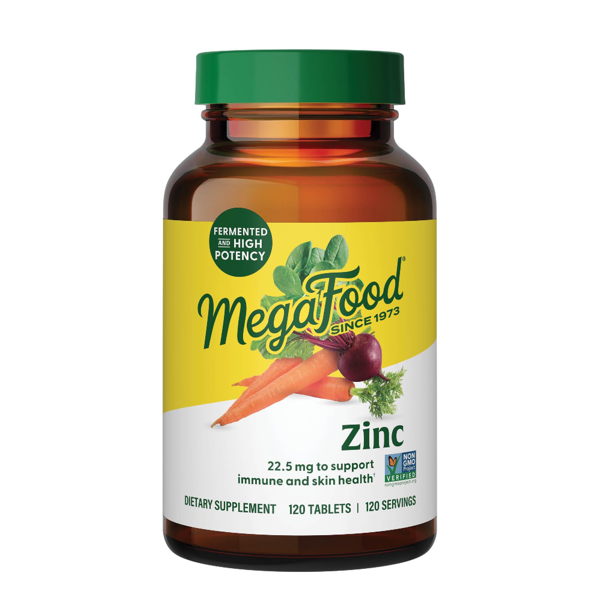 MegaFood Zinc Supplements - Vegan Immune Support Supplement with 22.5 mg High Potency Fermented Zinc - Made with Real Food - Gluten-Free, Kosher - 120 Tablets, 120 Servings