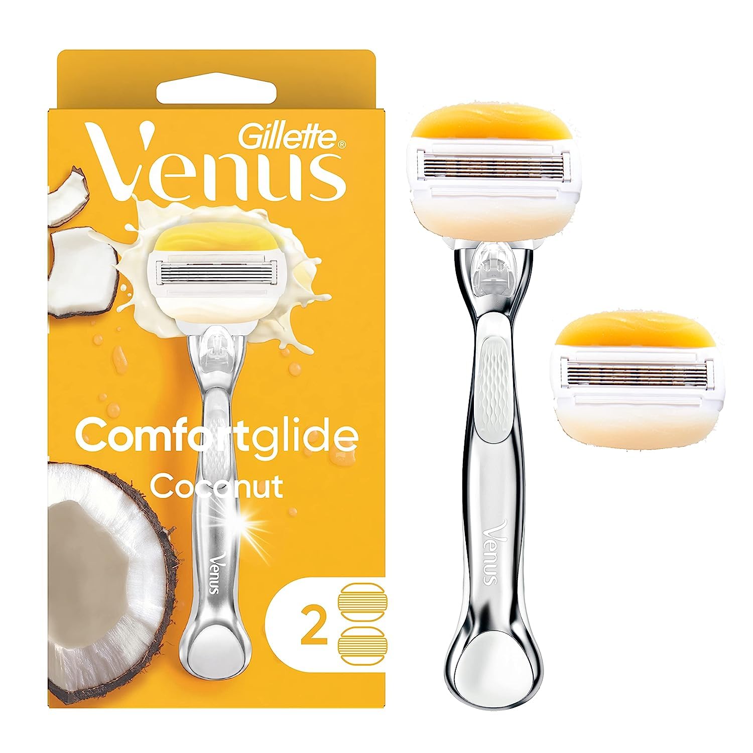 Gillette Venus Store Comfortglide with Olay Coconut Womens Razor Handle + Blade Refills, Silver, 2 Count