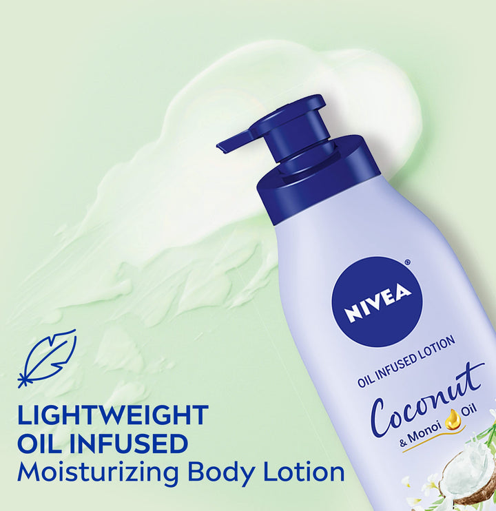 NIVEA Oil Infused Coconut and Monoi Oil Body Lotion, Non-Greasy Coconut Scented Lotion Moisturizes for 24+ Hours, 16.9 Fl Oz Pump Bottle